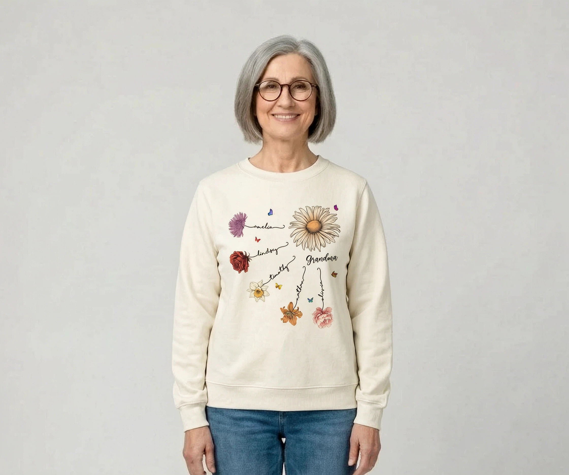 Grandma Mom Birth Flowers Personalized Shirt, Gift for Moms, for Grandmas — Sand