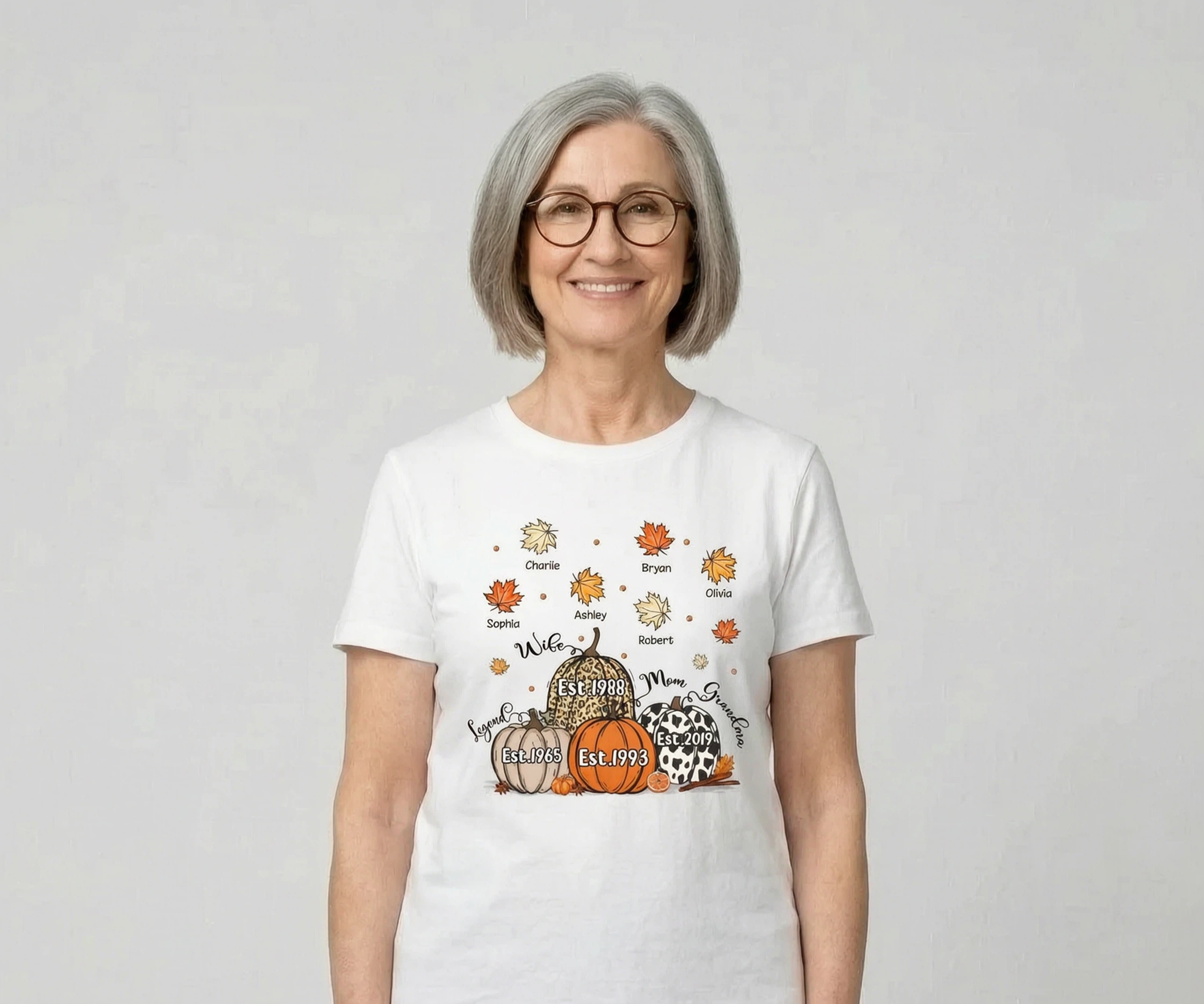 Fall Season Legend Wife Mom Grandma Est. Pumpkins Personalized Shirt — White