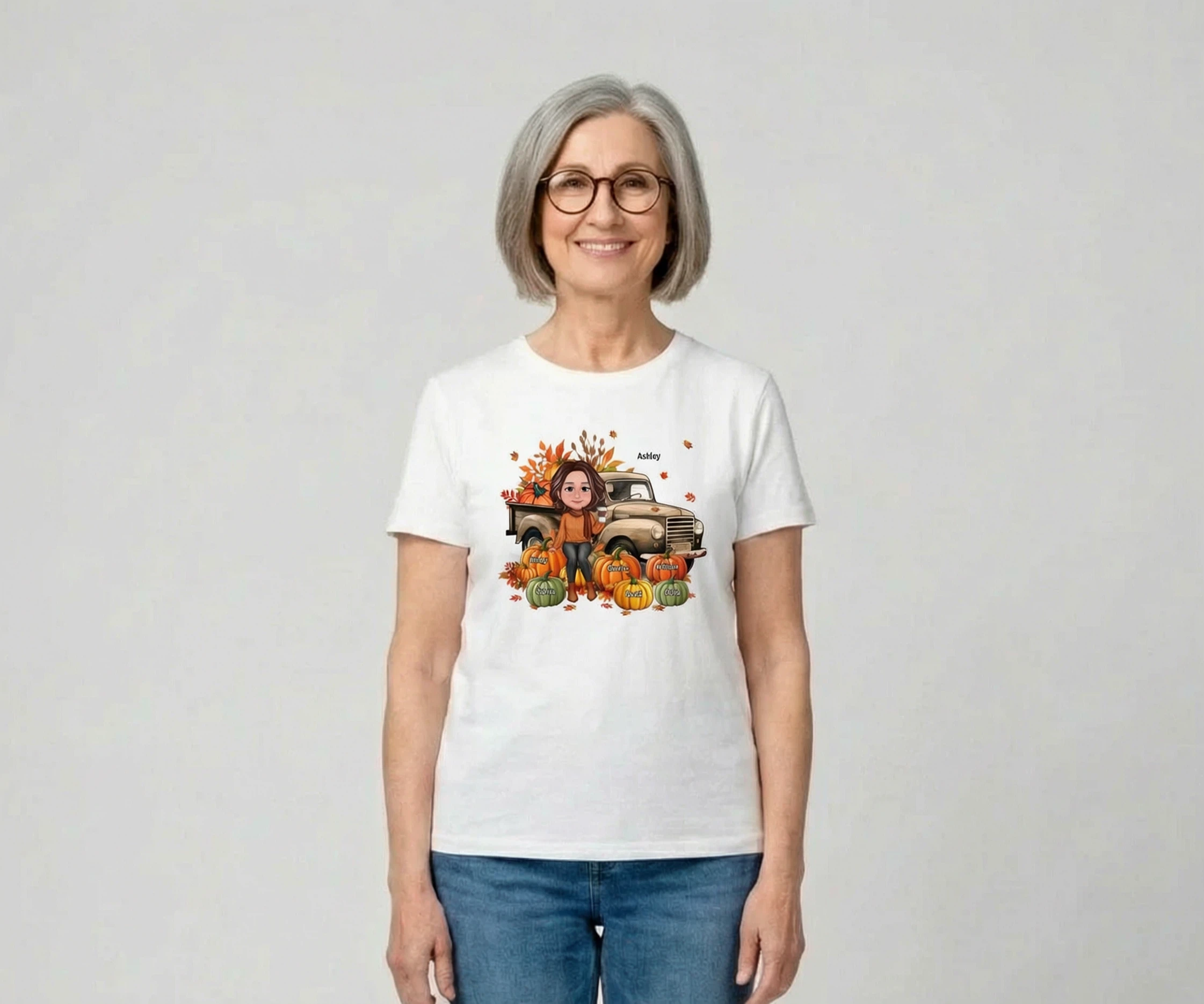 Wood Patterned Truck Grandma Mom Pumpkins Personalized Shirt — White