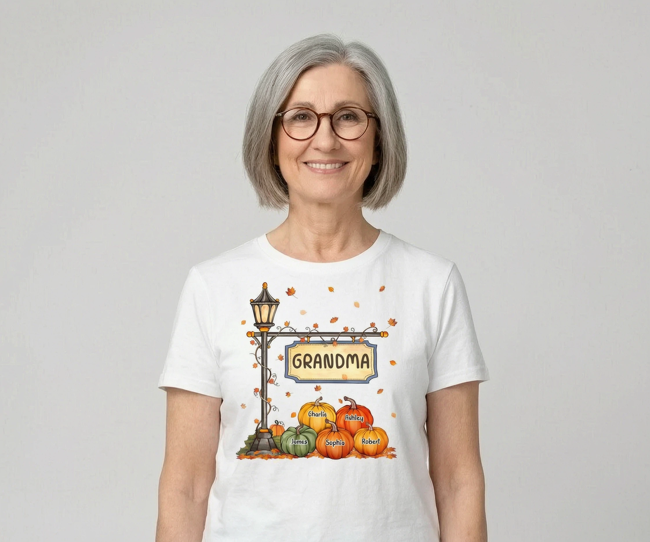 Fall Season Grandma Mom Lamp Post Pumpkins Personalized Shirt — White