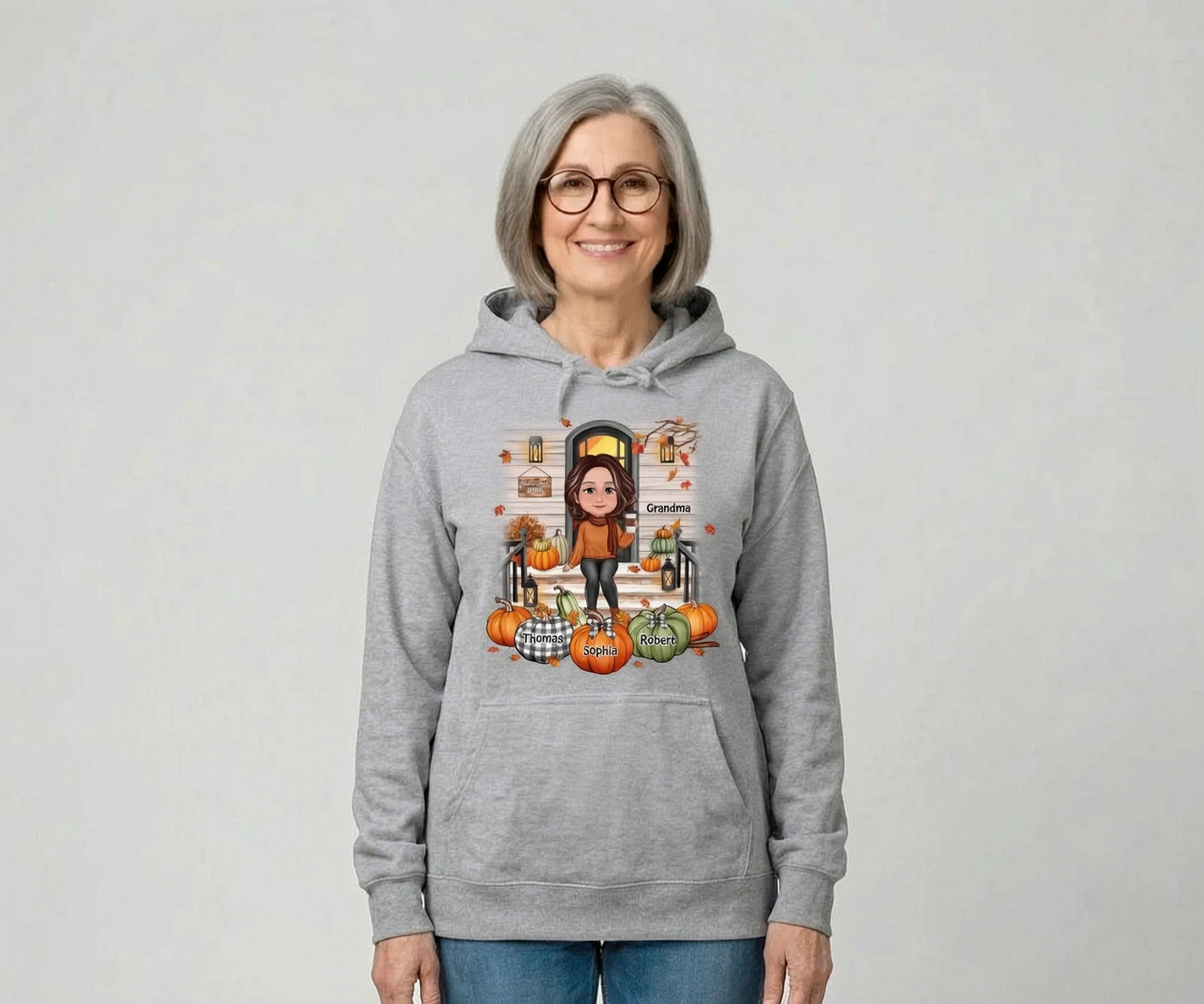 Fall Season Grandma Mom Front Porch Pumpkins Personalized Shirt — Sport Grey