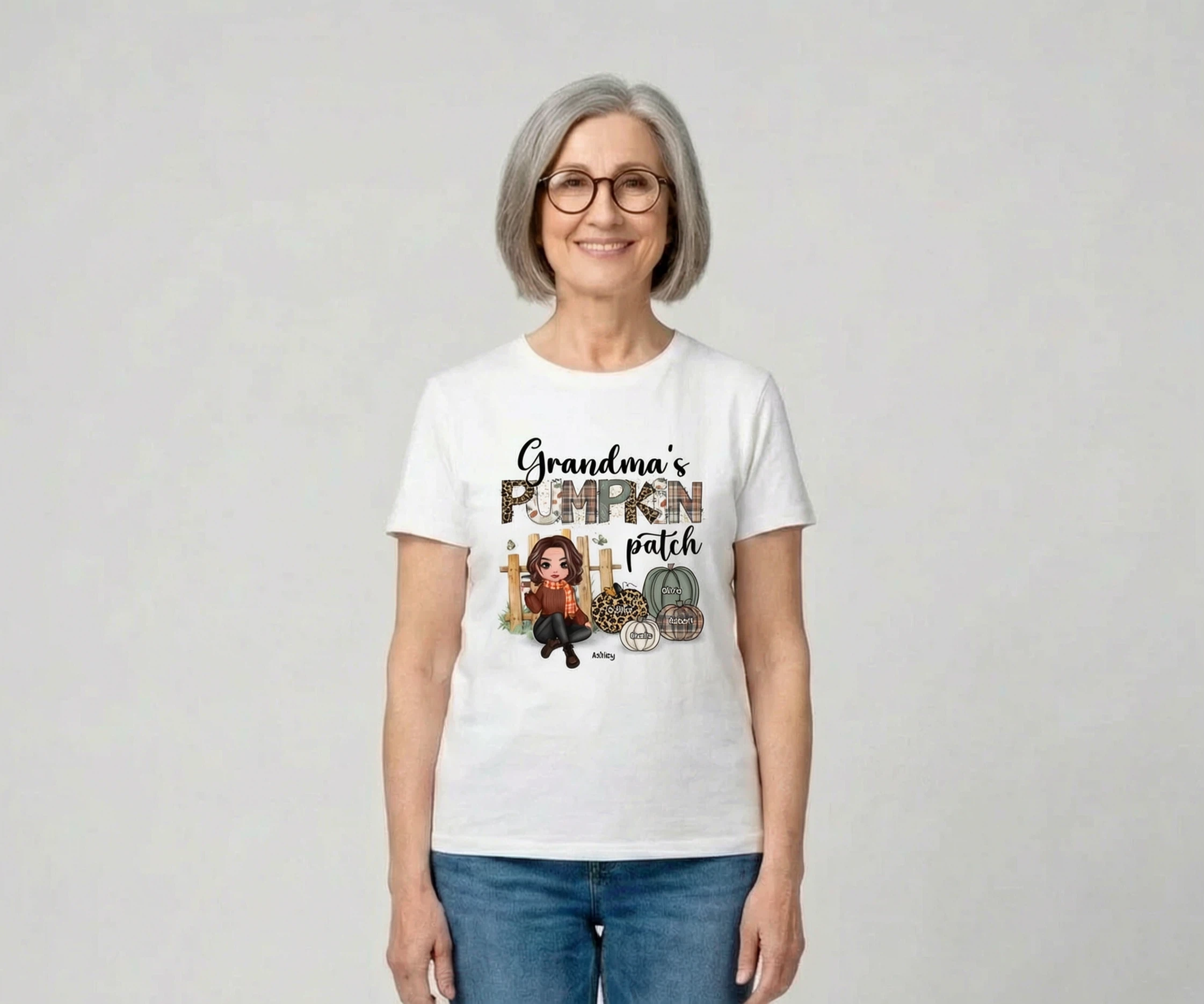 Grandma's Pumpkin Patch Patterns Personalized Shirt — White