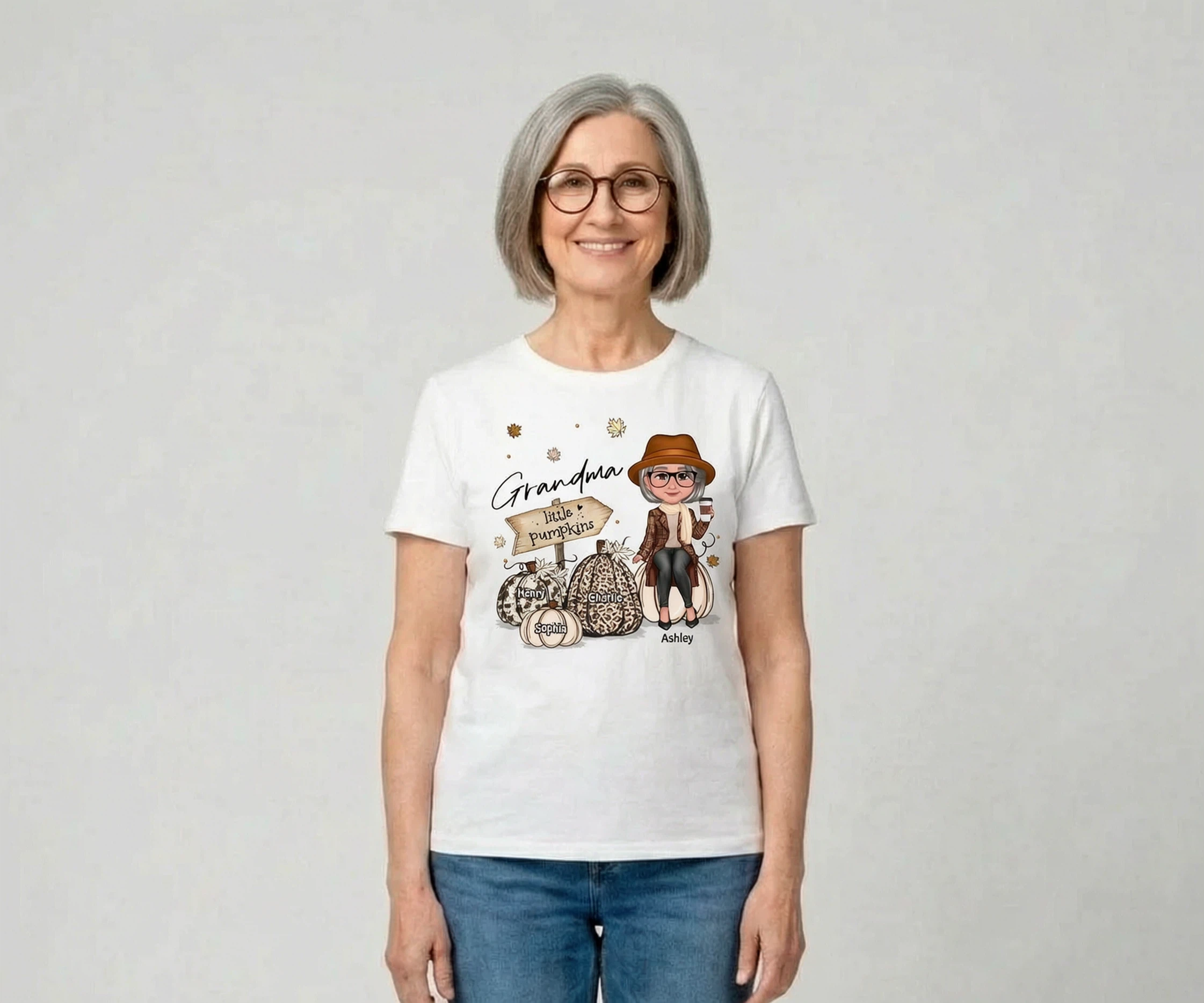 Grandma Mom Sitting On Animal Prints Patterned Pumpkins Fall Season Personalized Shirt — White