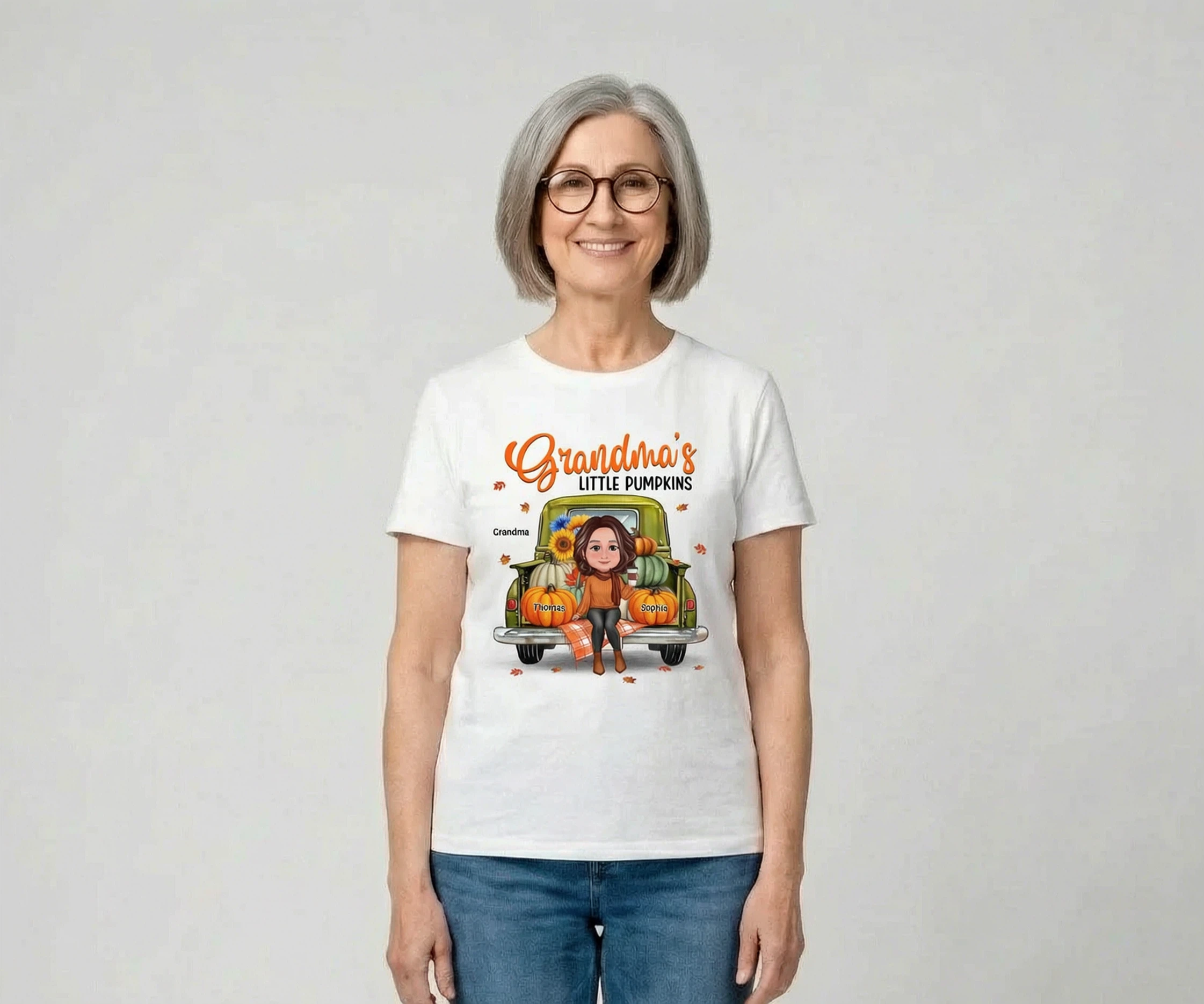 Grandma Sitting On Green Truck Pumpkins Fall Season Personalized Shirt — White