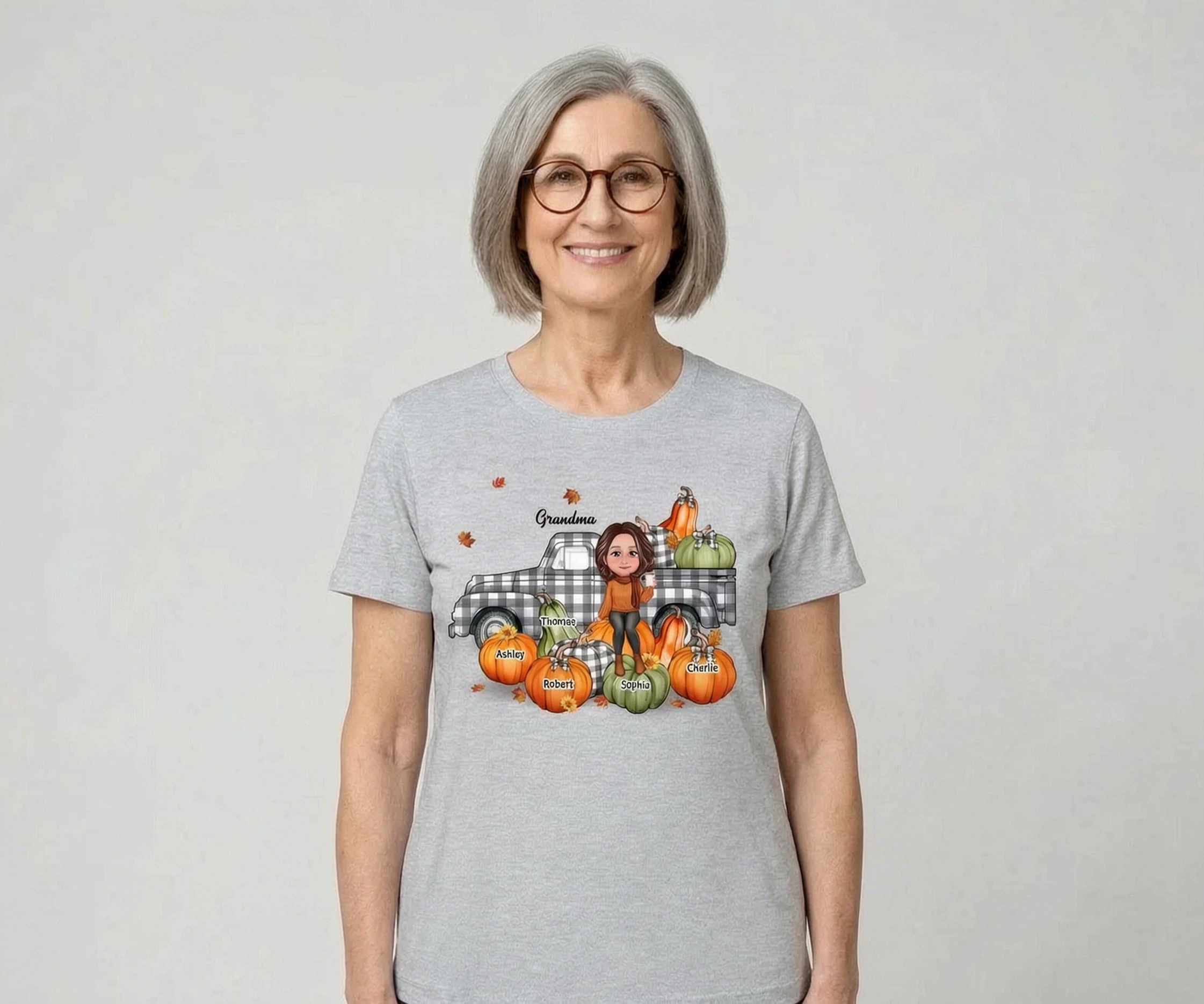 Grandma Mom Buffalo Plaid Truck And Pumpkins Fall Season Personalized Shirt — Sport Grey