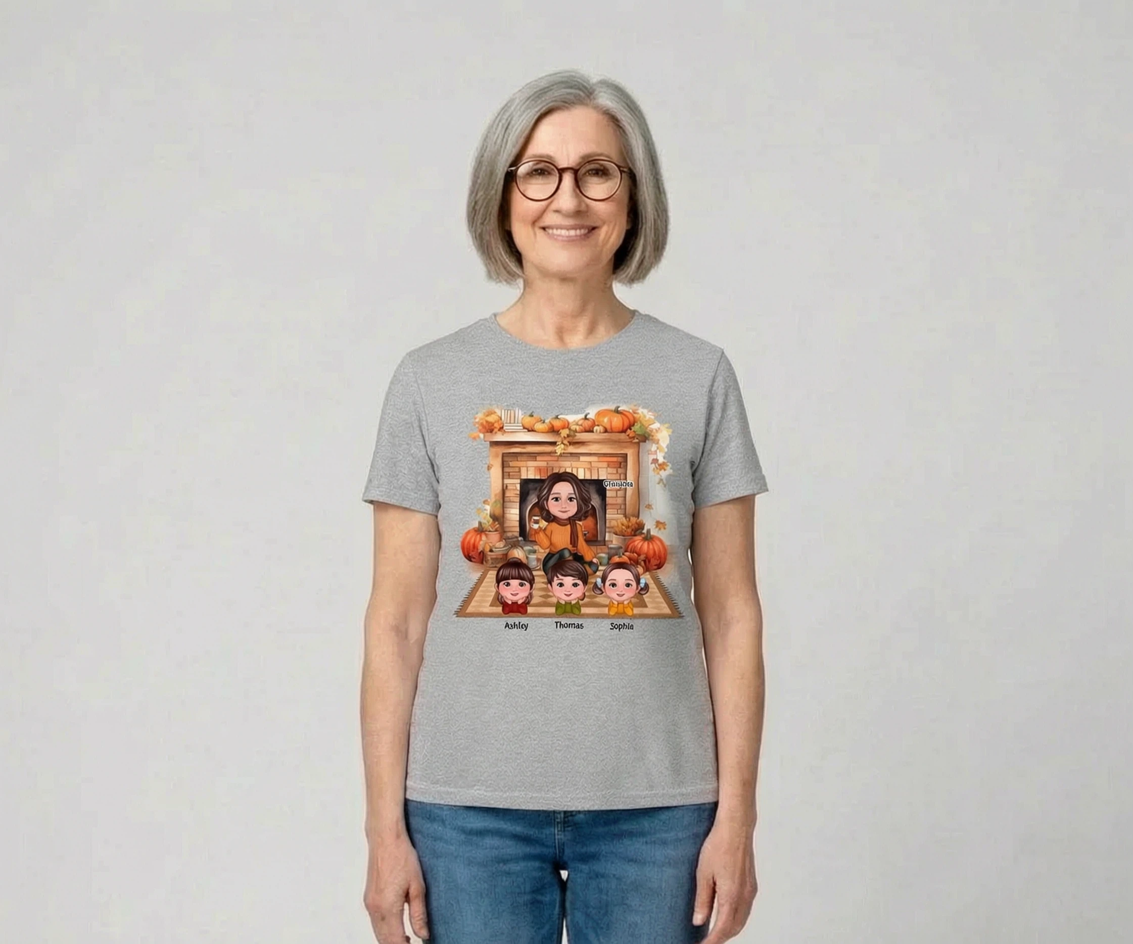 Fall Season Fireplace Grandma Mom Kids Personalized Shirt — Sport Grey