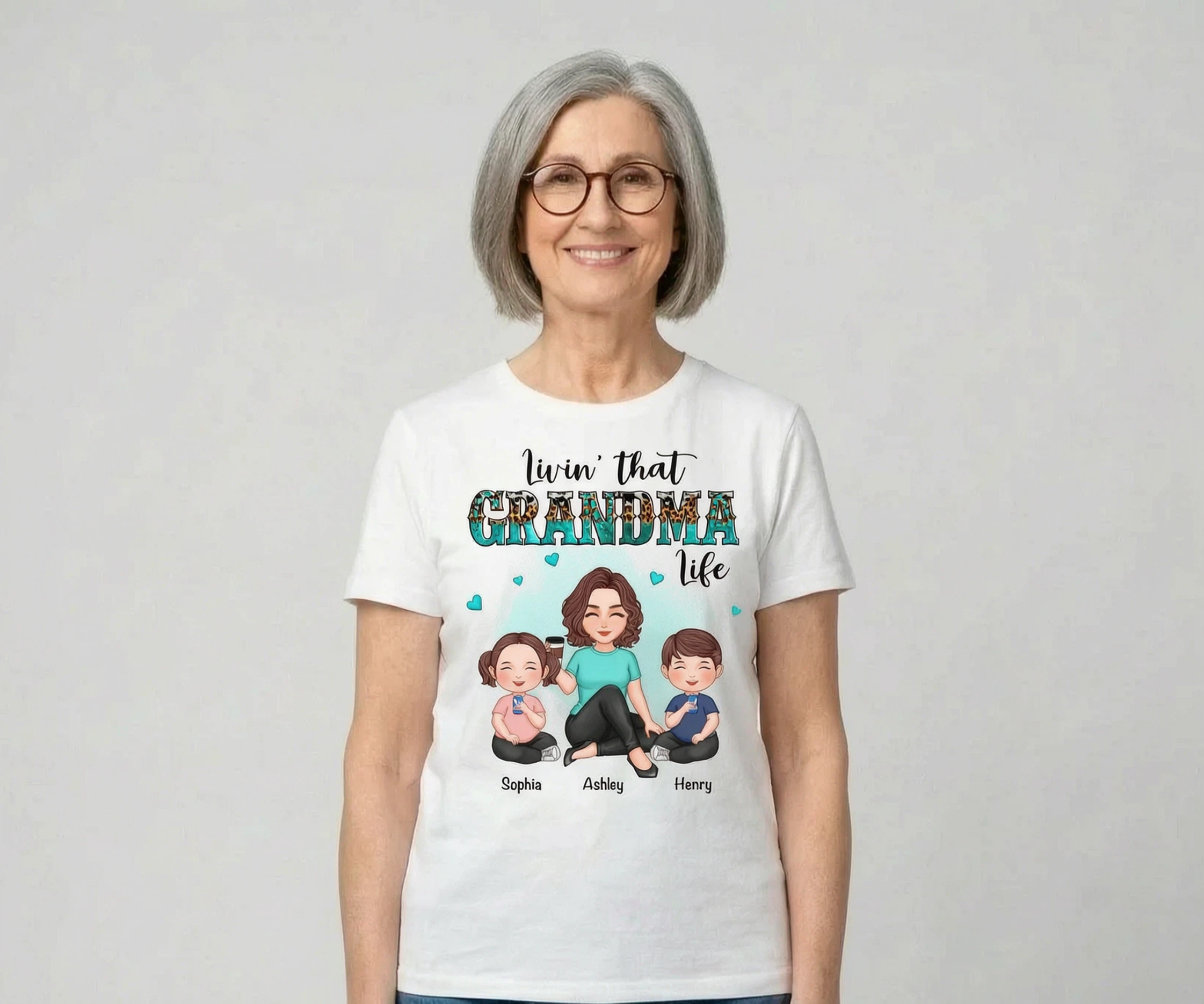 Livin' That Grandma Life Teal & Leopard Cute Grandkid & Grandma Personalized Shirt — White