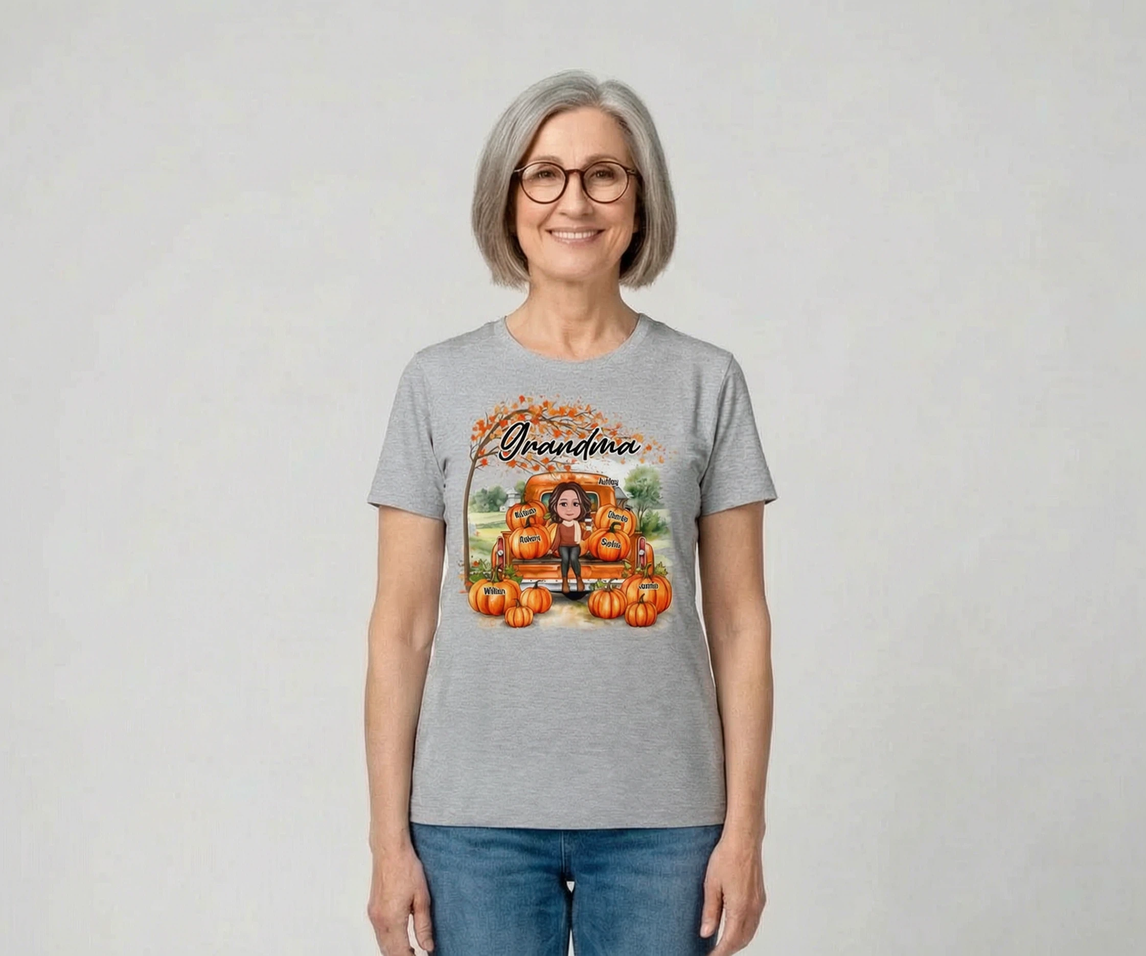 Fall Season Landscape Truck Pumpkins Under Tree Grandma Mom Personalized Shirt — Sport Grey
