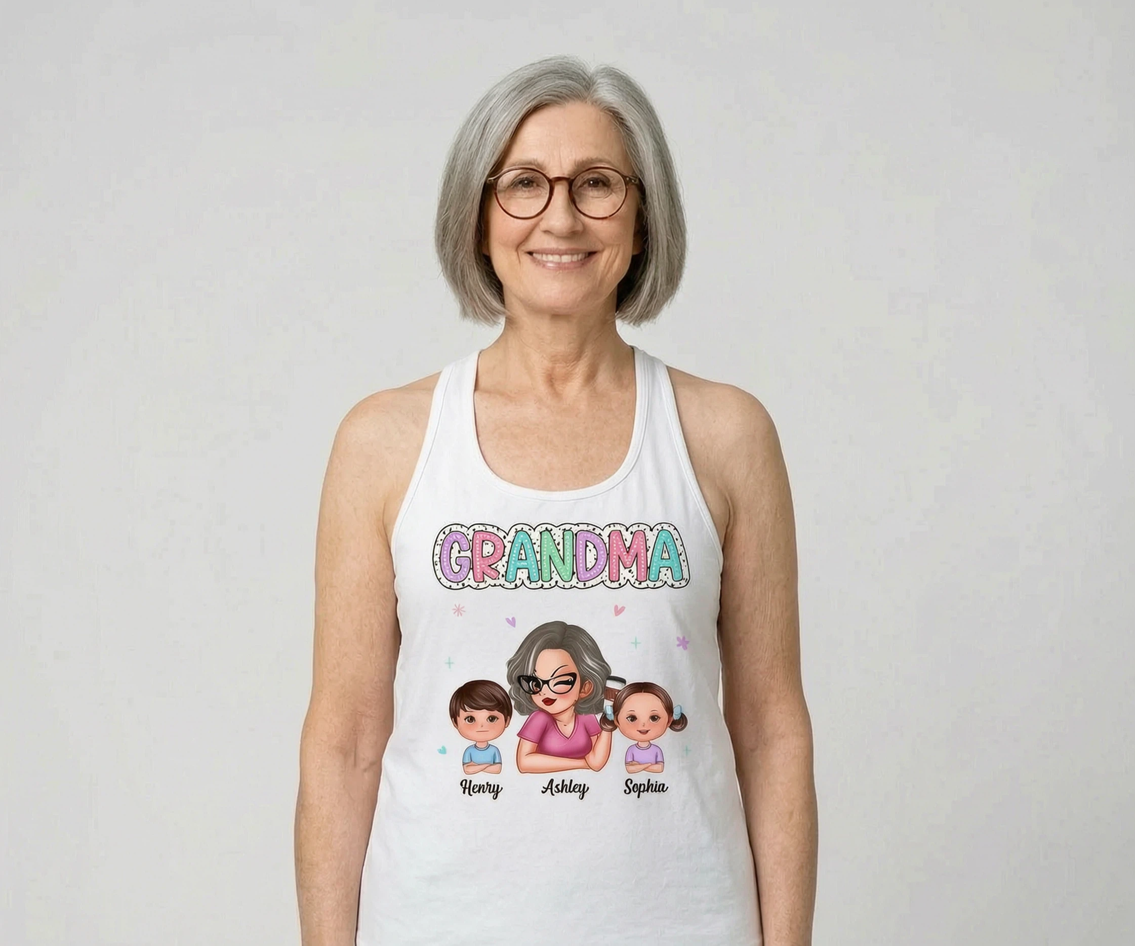 Summer Pastel Dalmatian Dots Grandma And Grandkids Personalized Tank Top — White