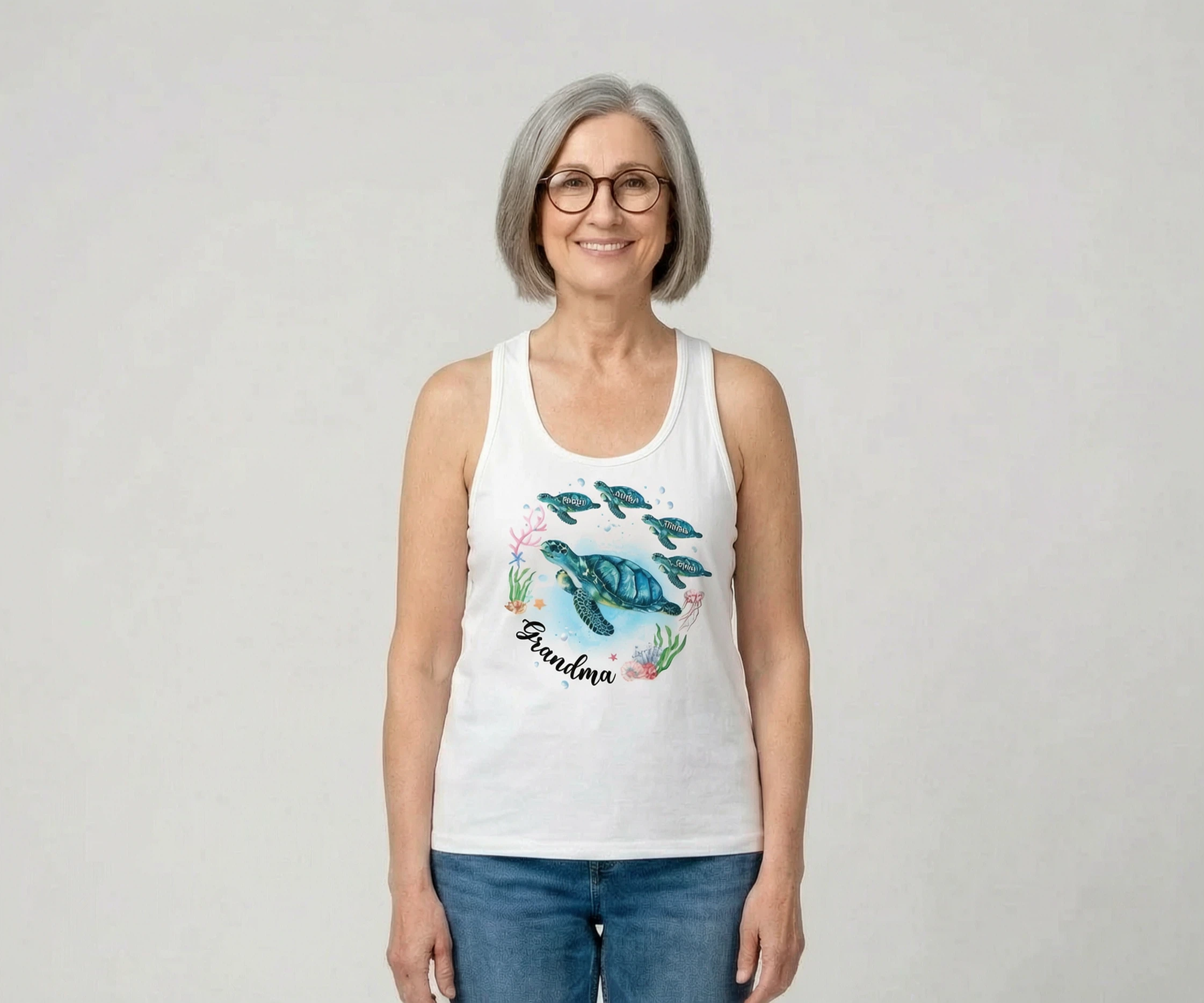 Personalisiertes Sommer-Tank Top für Oma und Enkel mit Pastell-Dalmatiner-Punkten — Weiß