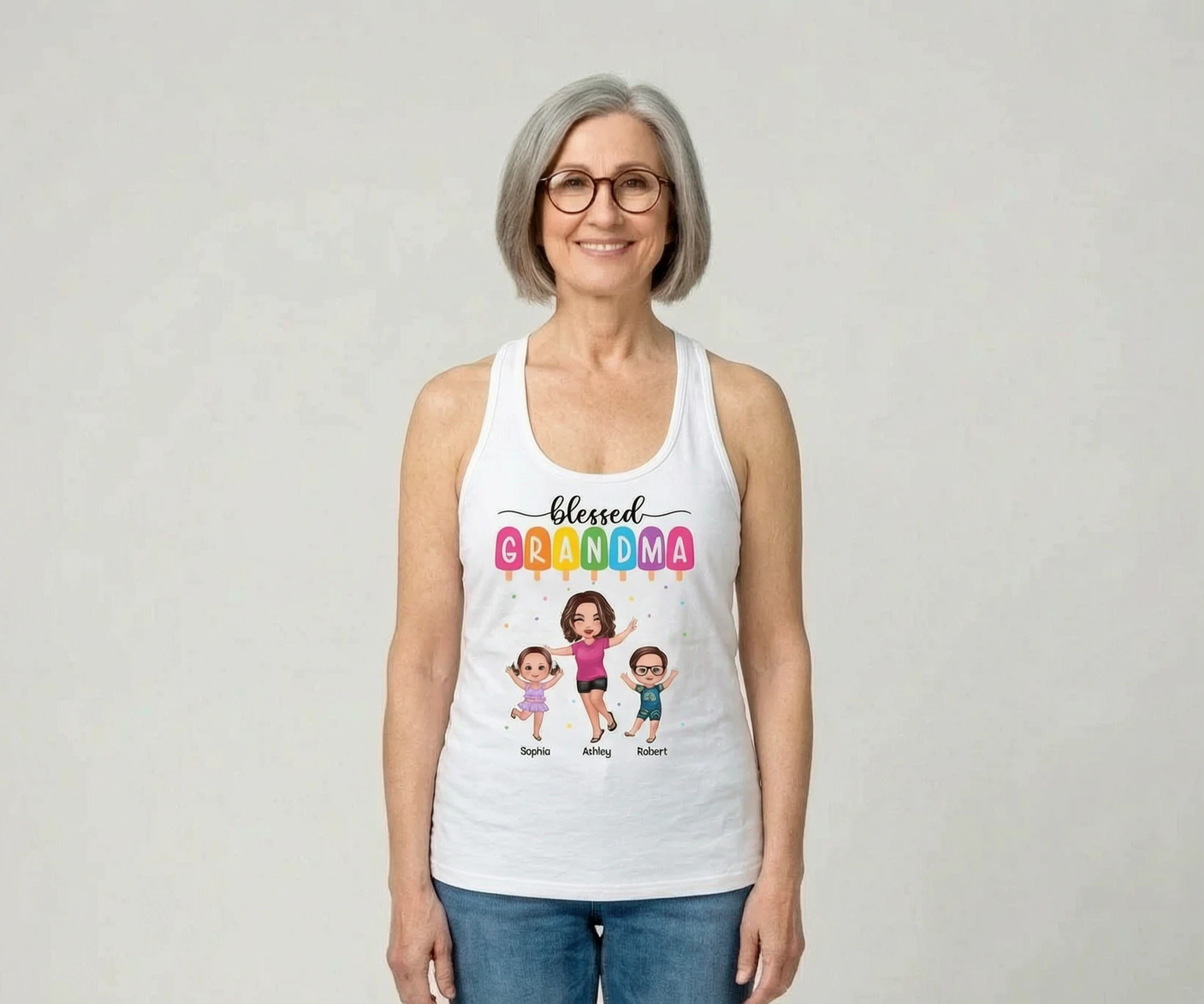 Summer Happy Doll Grandma Grandkids Personalized Tank Top — White