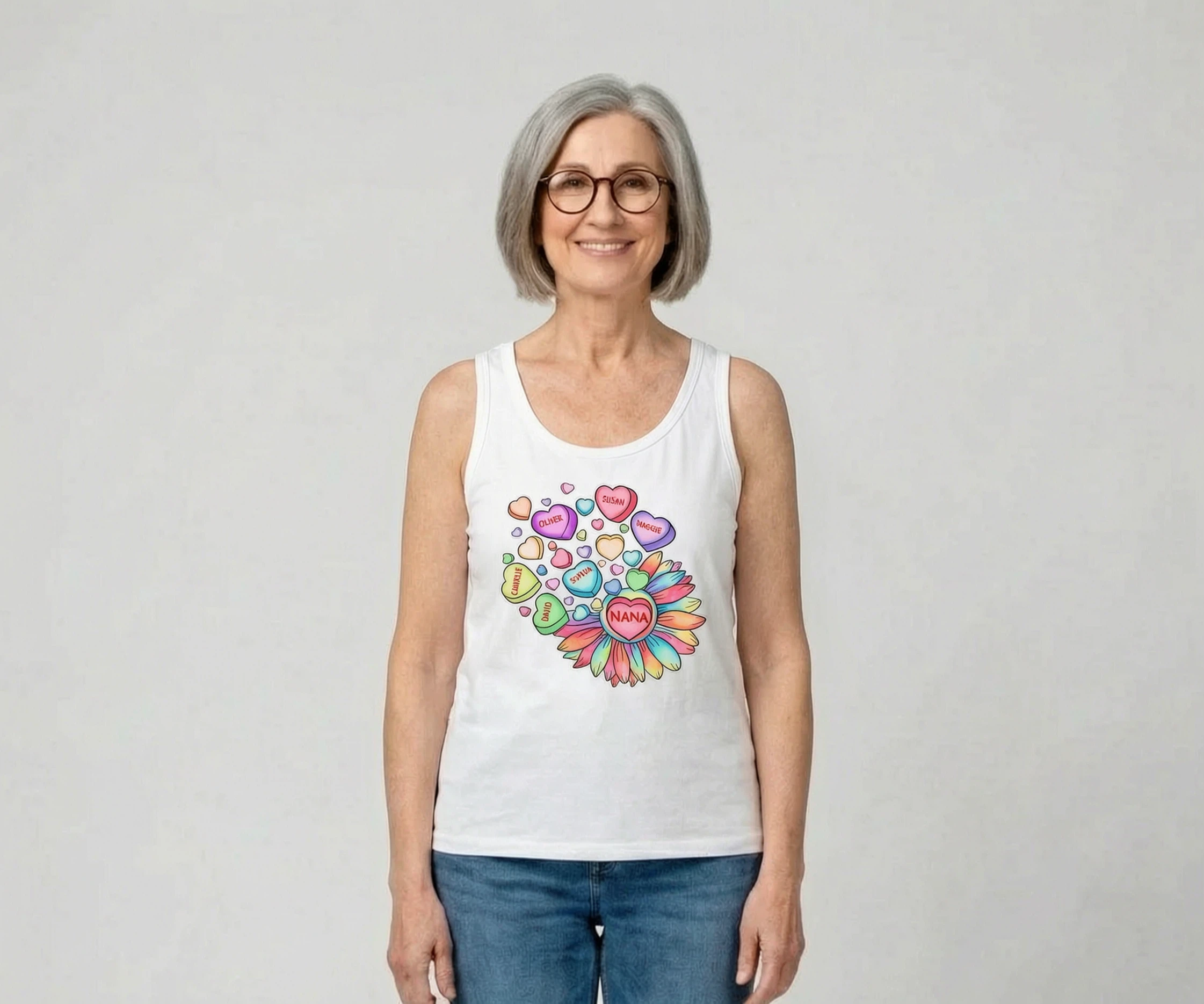 Grandma Mom Sunflower Candy Hearts Personalized Tank Top — White