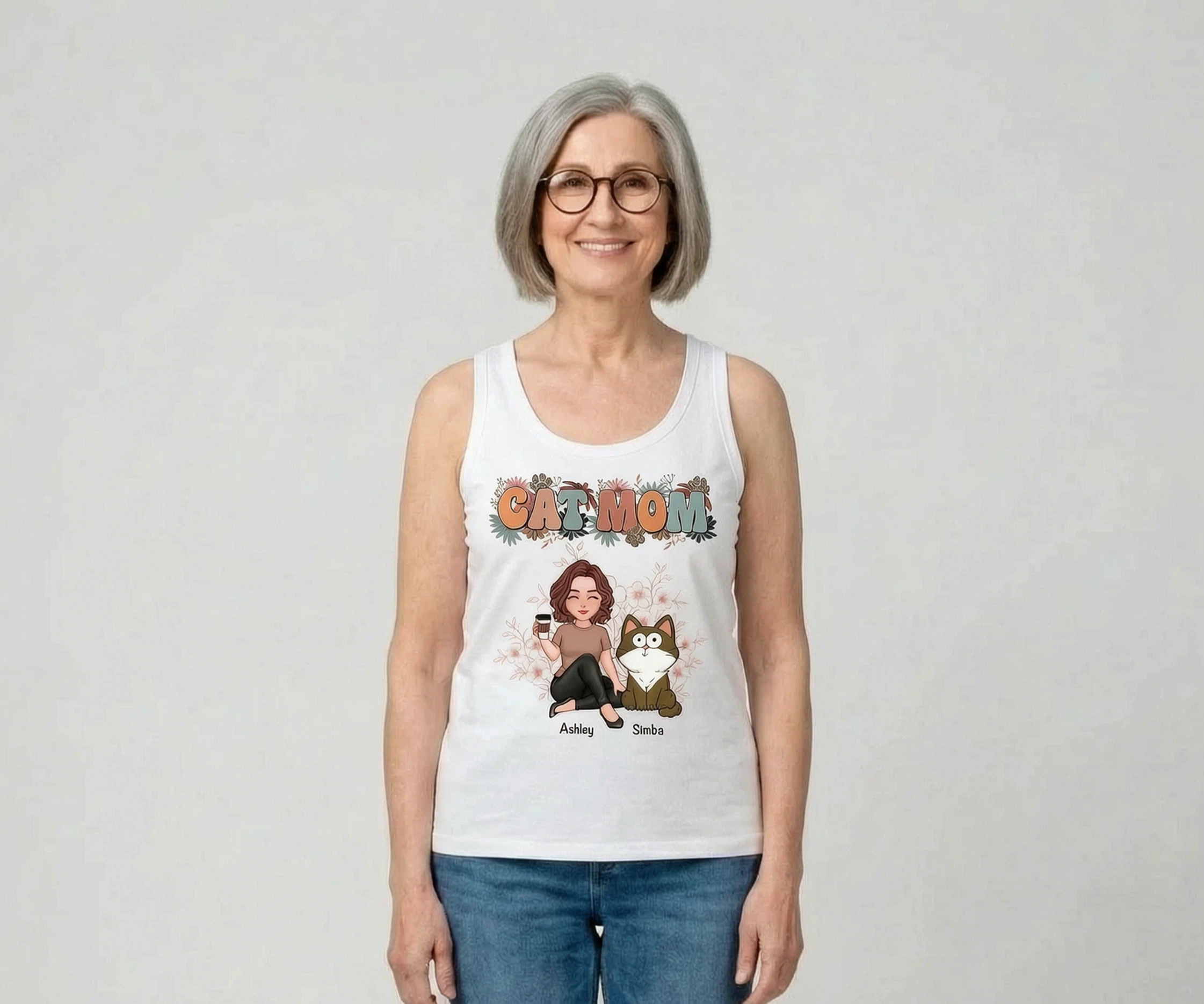 Floral Cats Mom Cute Woman And Fluffy Cats Funny Expressions Personalized Tank Top — White