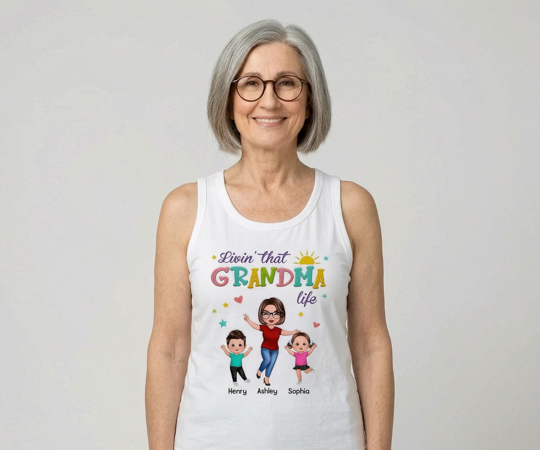 Livin' That Grandma Life Summer Vibe Happy Doll Woman & Kids Personalized Tank Top — White