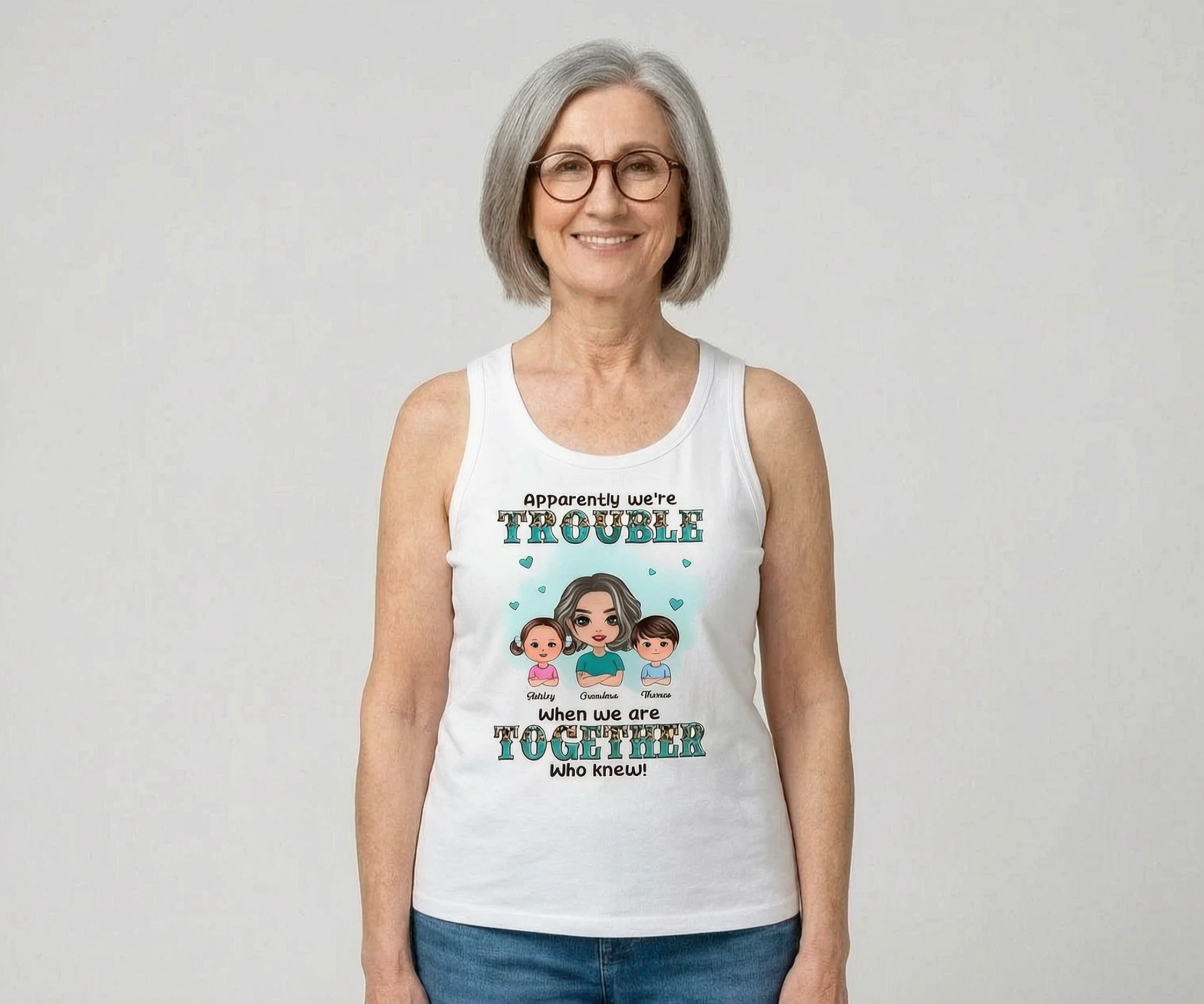 Teal And Leopard Doll Grandma Grandkids Trouble Together Personalized Tank Top — White