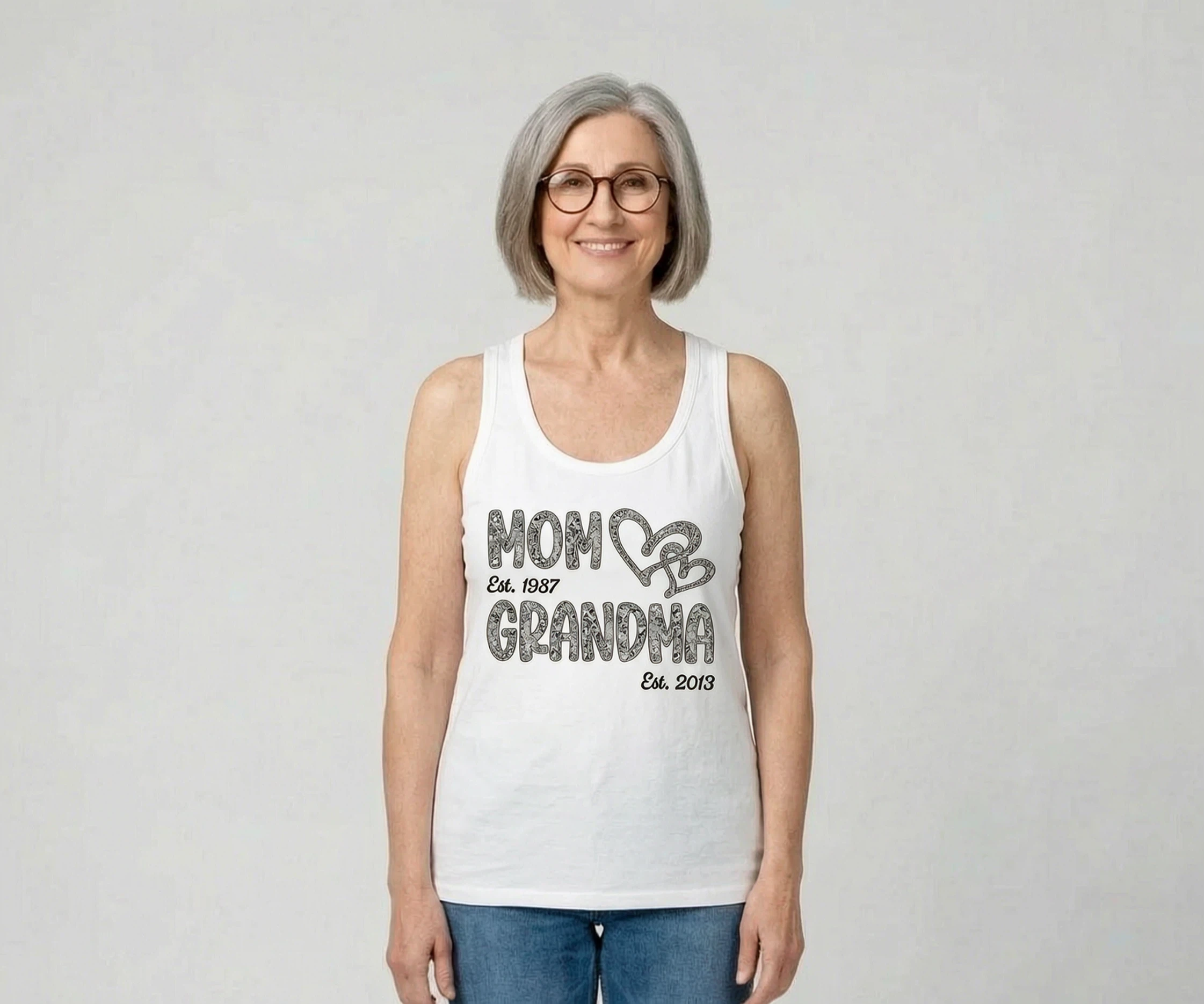 Mom Grandma Lace Pattern Est Year - Personalized Tank Top - Gift For Grandma, Mom — White