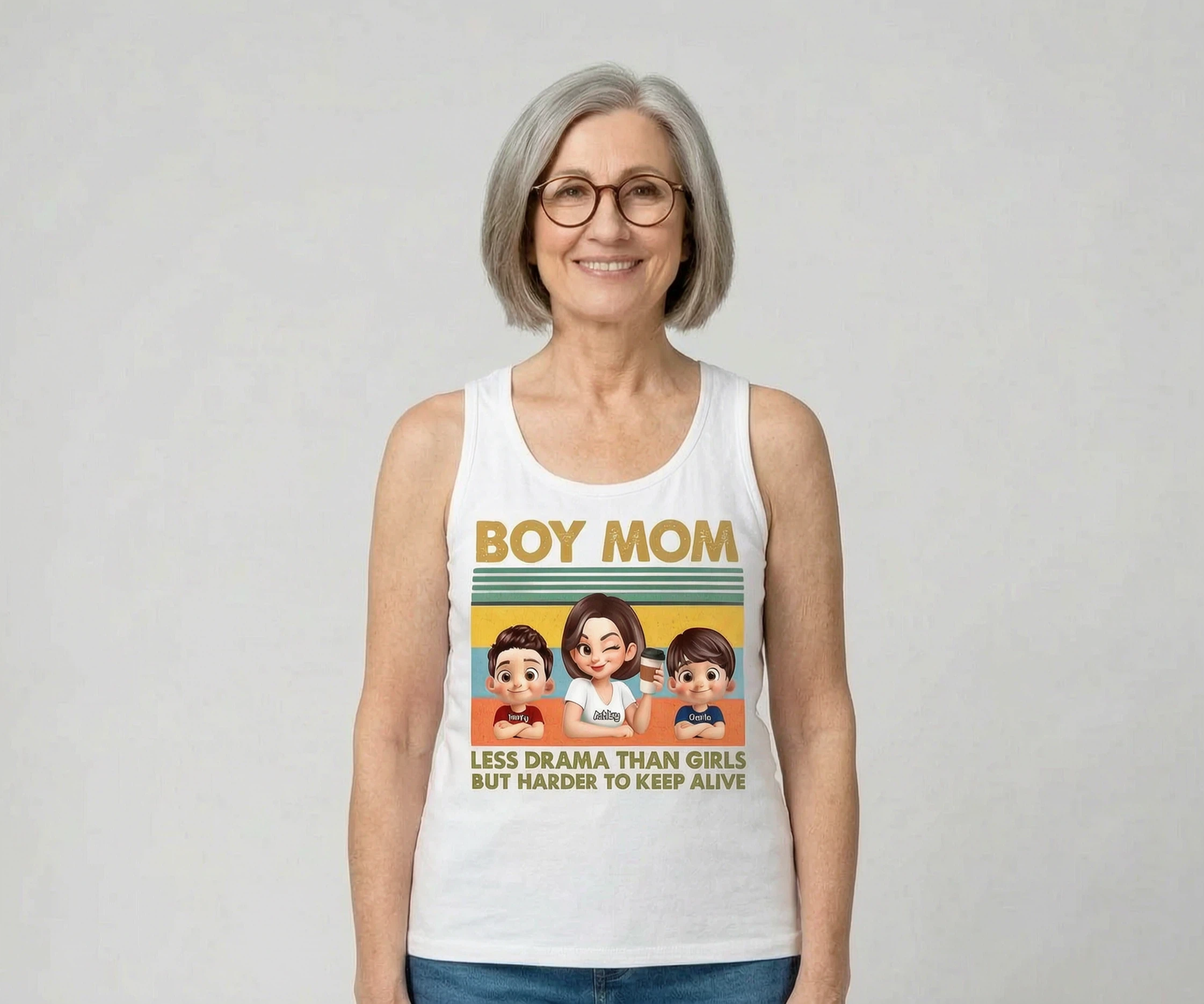 Boy Mom Less Drama Than Girls But Harder To Keep Alive - Personalized Tank Top - Gift For Mom, Grandma — White