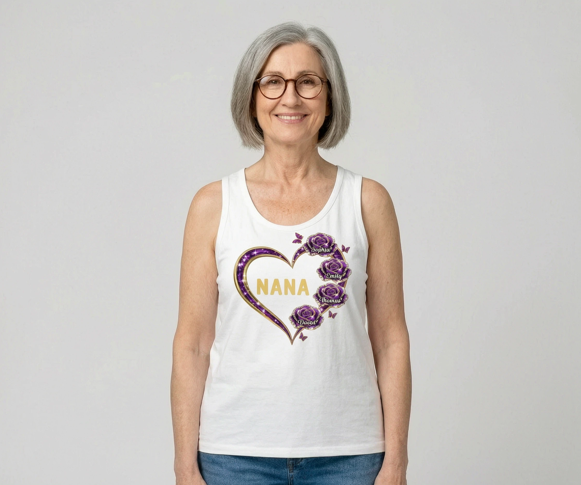 Grandma Rose Heart Custom Kids Names - Personalized Tank Top - Gift For Grandma, Mom — White