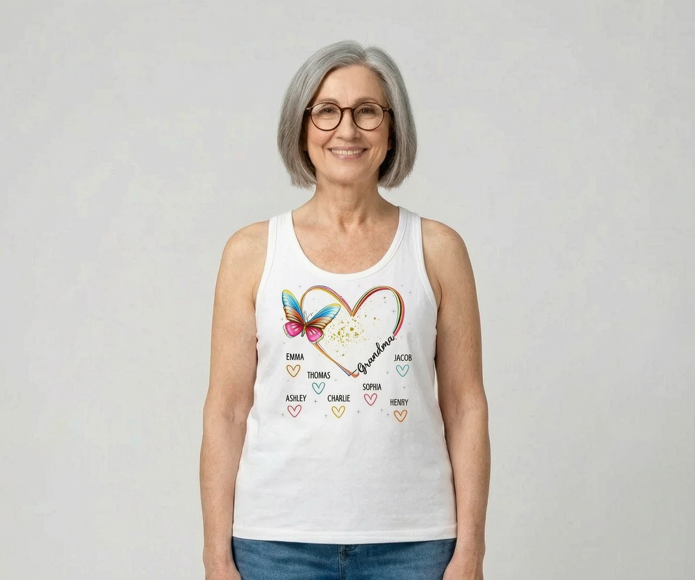 Grandma Mom Heart Lines Butterfly Personalized Tank Top — White