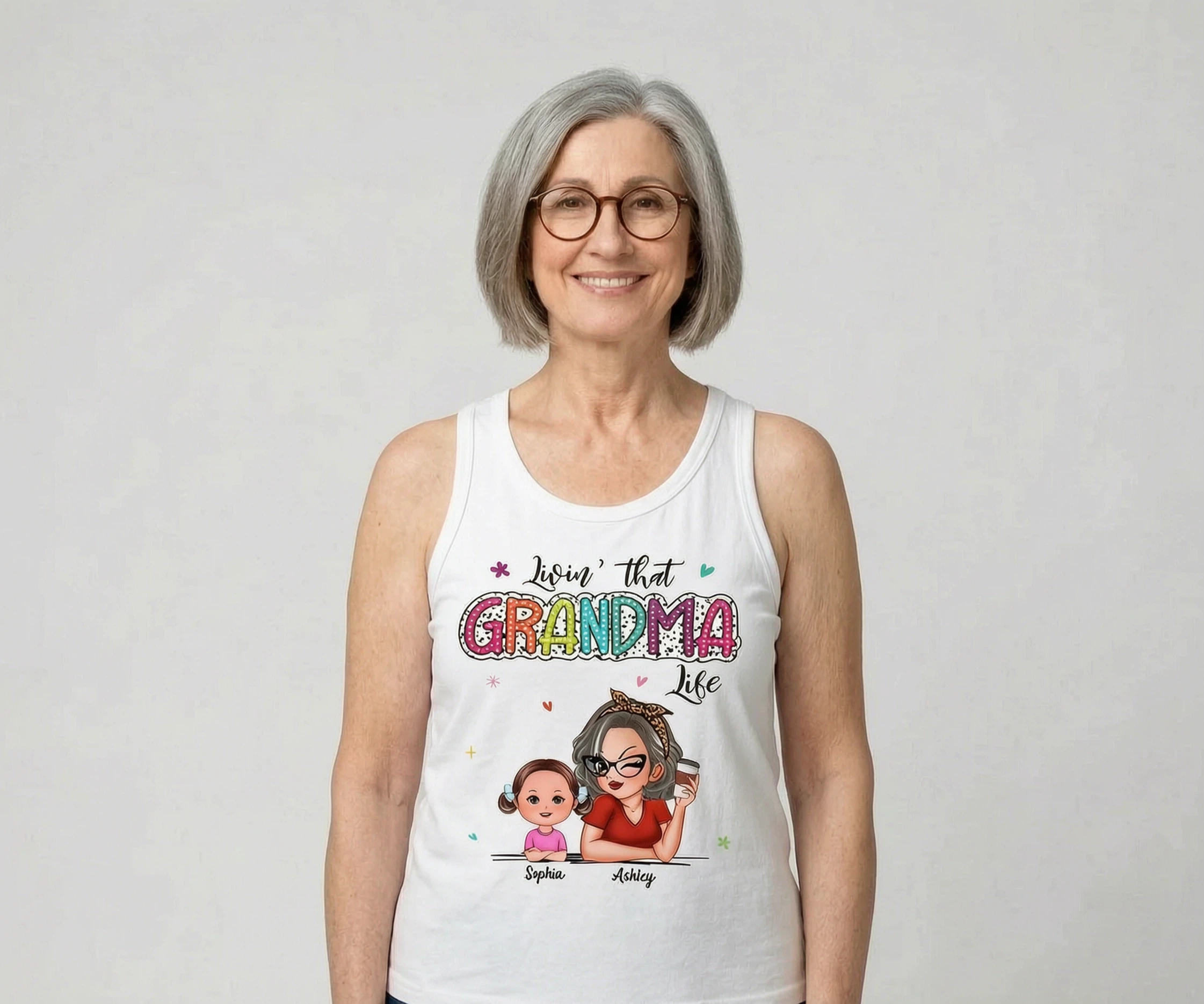 Livin' That Grandma Life Summer Vibe Dalmatian Dots Sassy Woman & Kids Personalized Tank Top — White