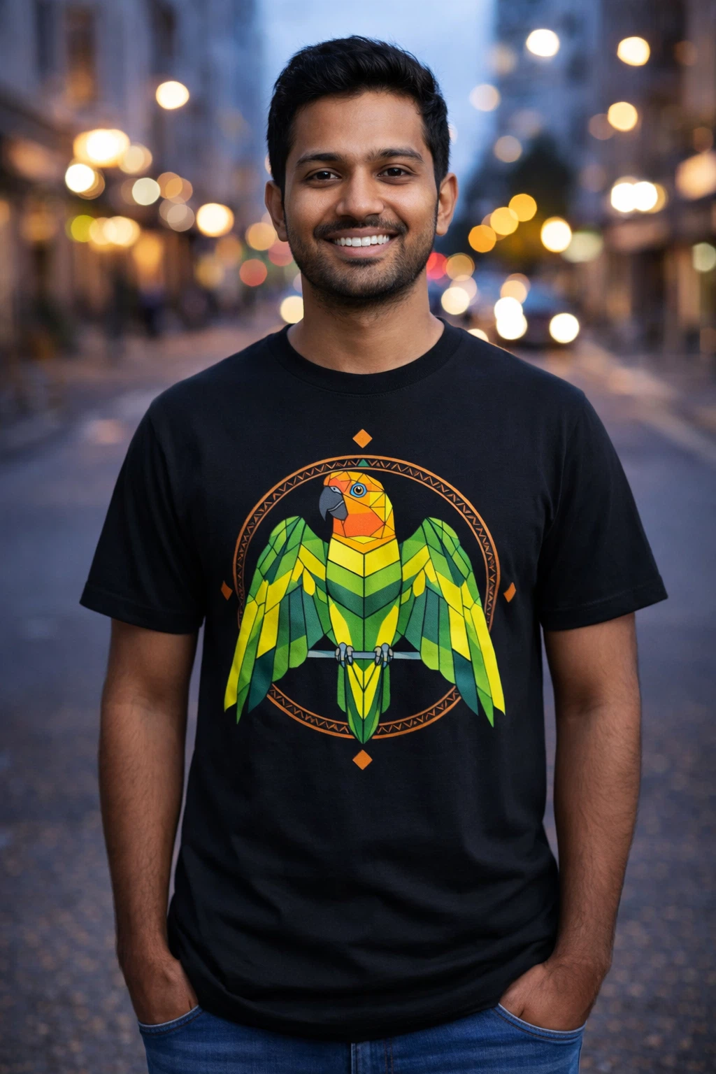 Sun Conure Geometric Tee - Colorful Parrot Art Shirt