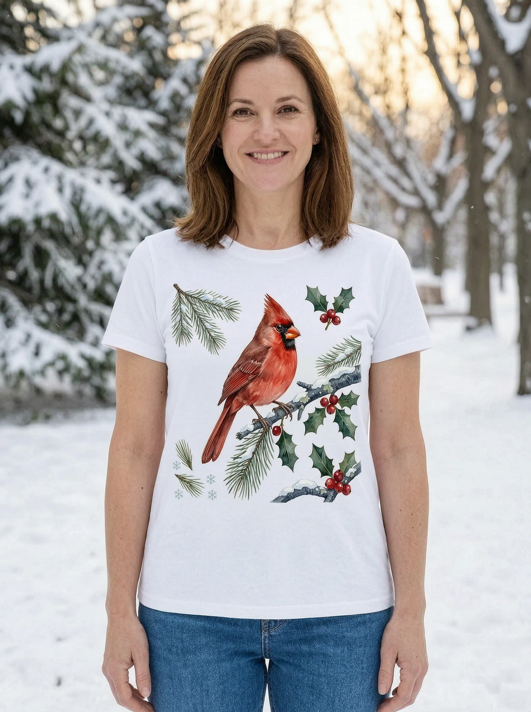 Cardinal On Holly Branch Tee - Winter Backyard Bird Art Shirt