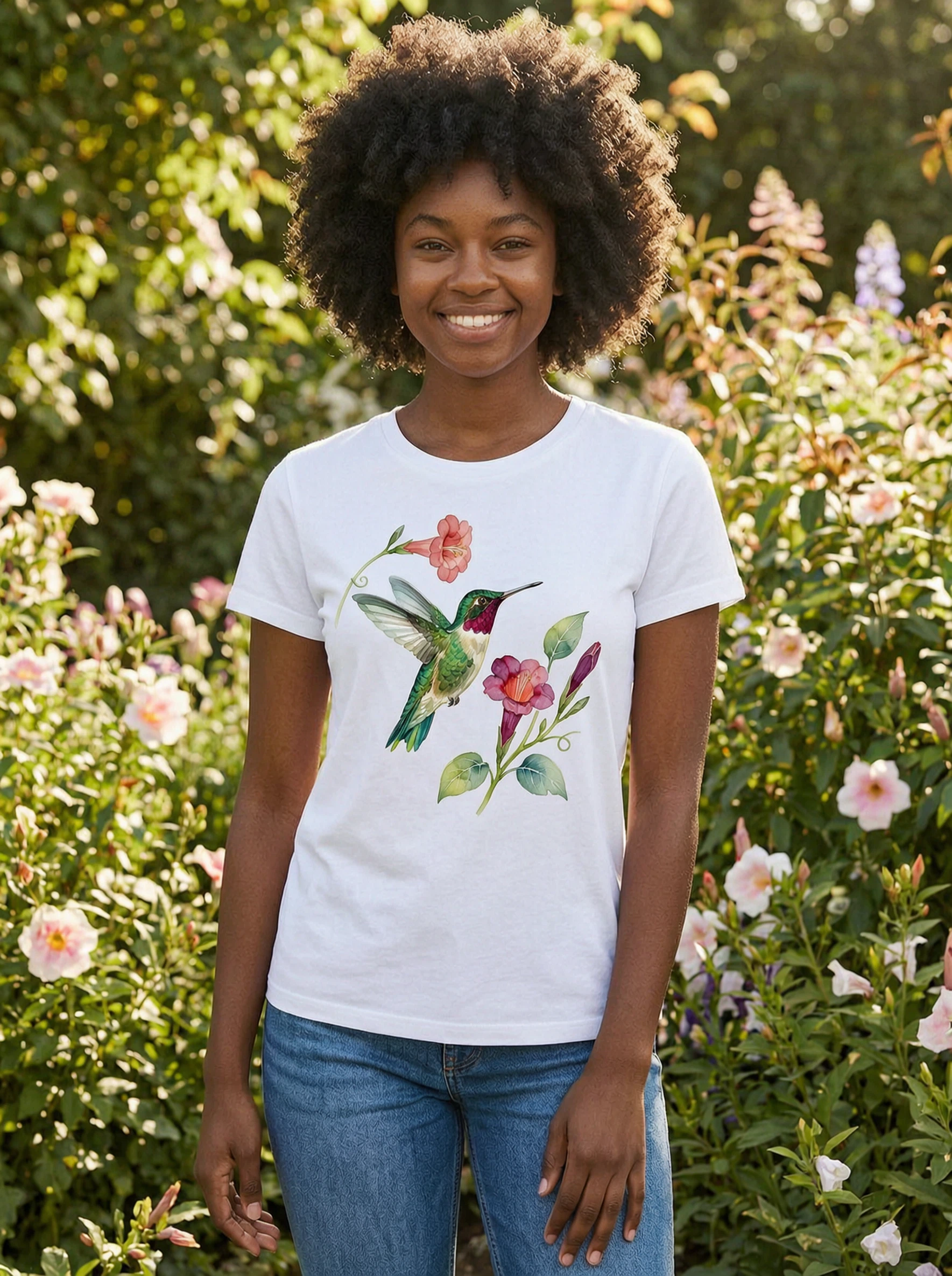 Camiseta de colibrí y flores en acuarela - Camisa de arte de aves de patio