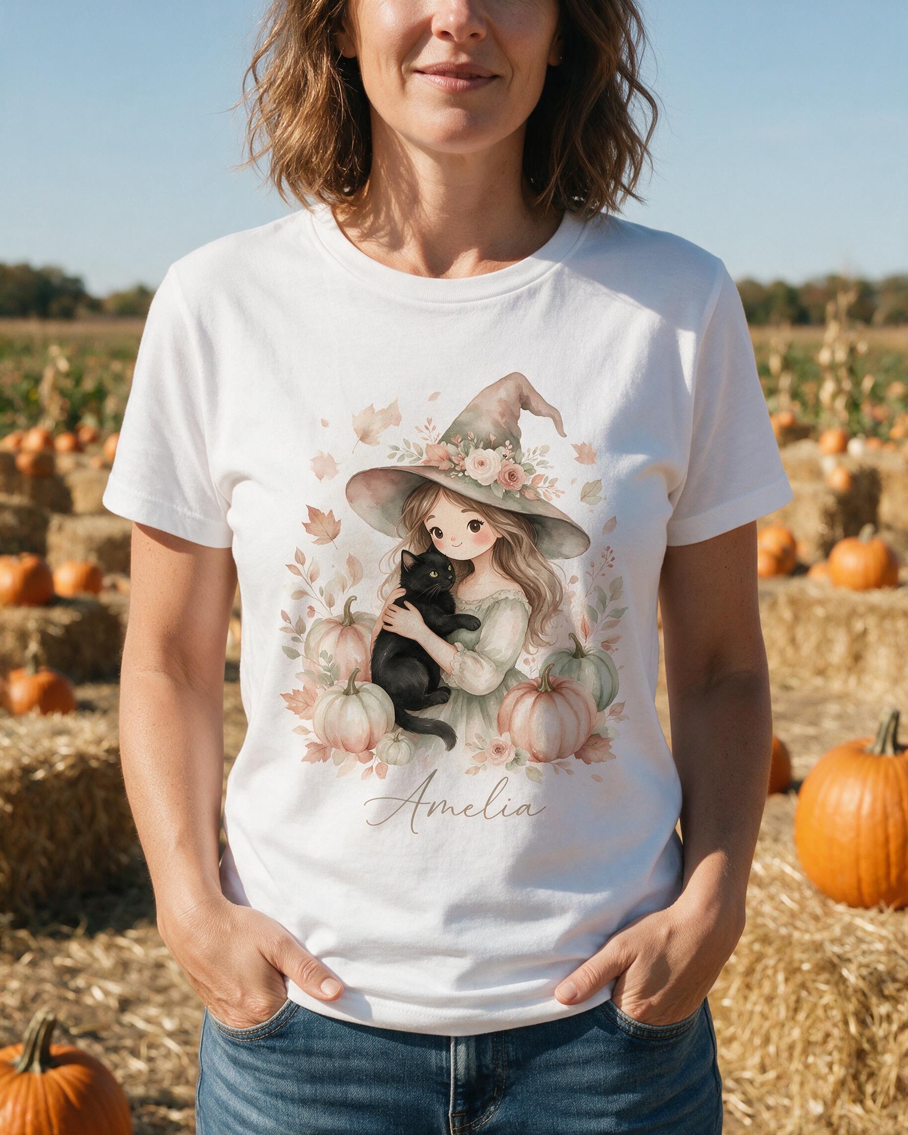 Halloween: Black Cat & Pumpkin Girl Watercolor — White