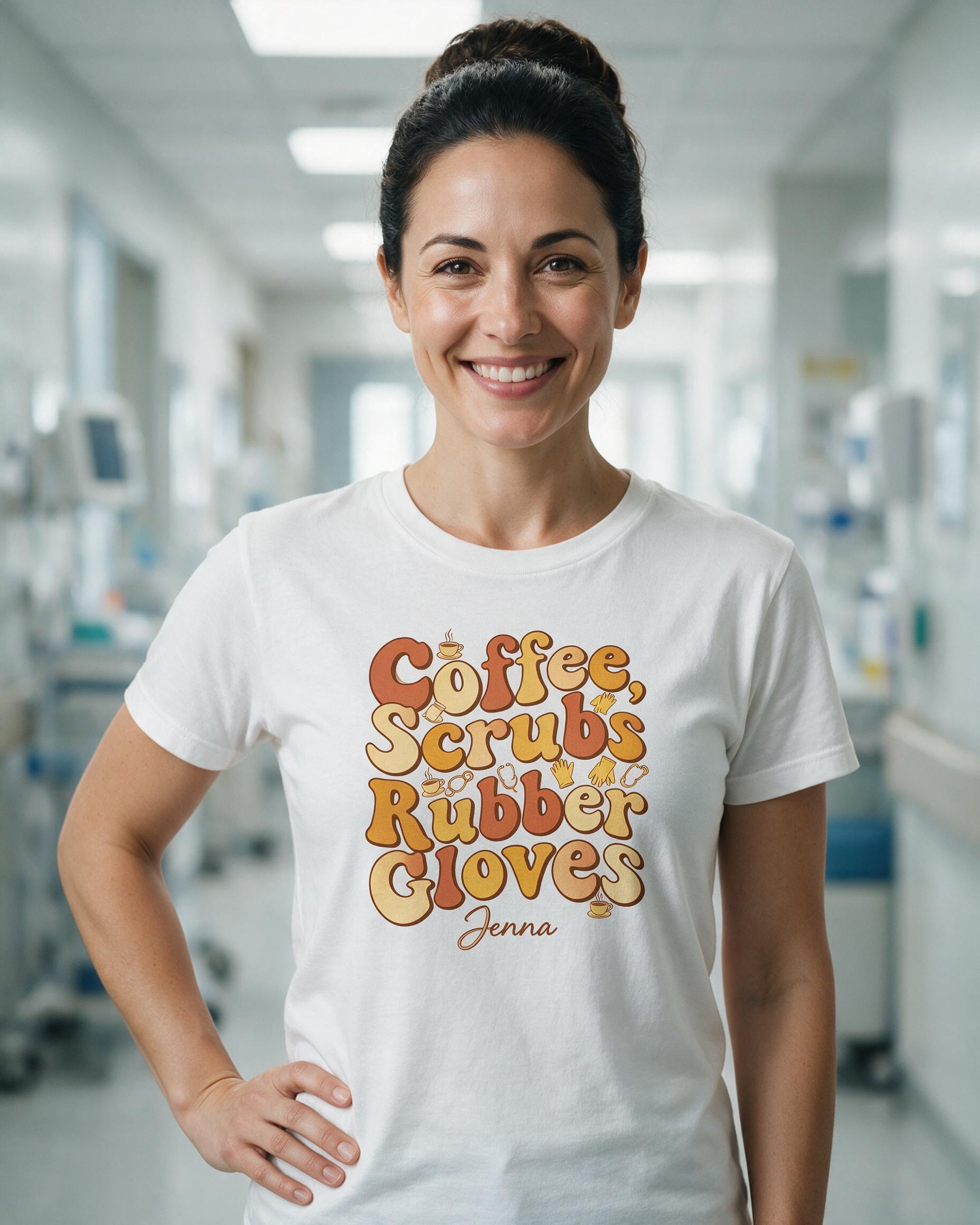 Nurse: Coffee Scrubs Rubber Gloves — White