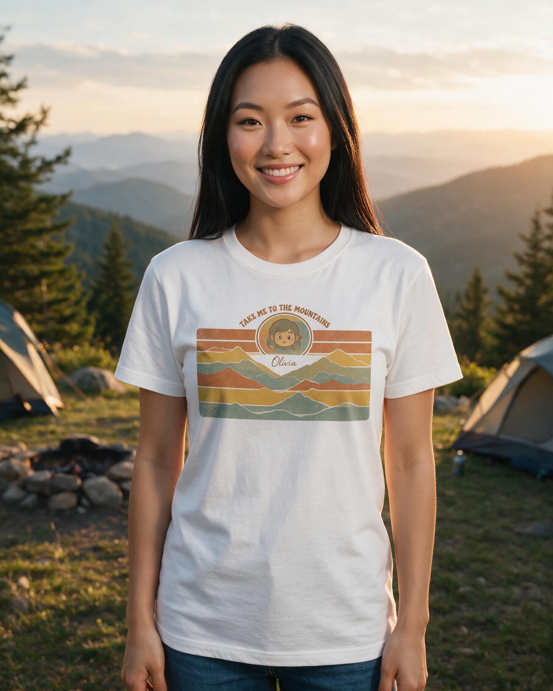 Camping: Retro Sunset Mountain Portrait — White