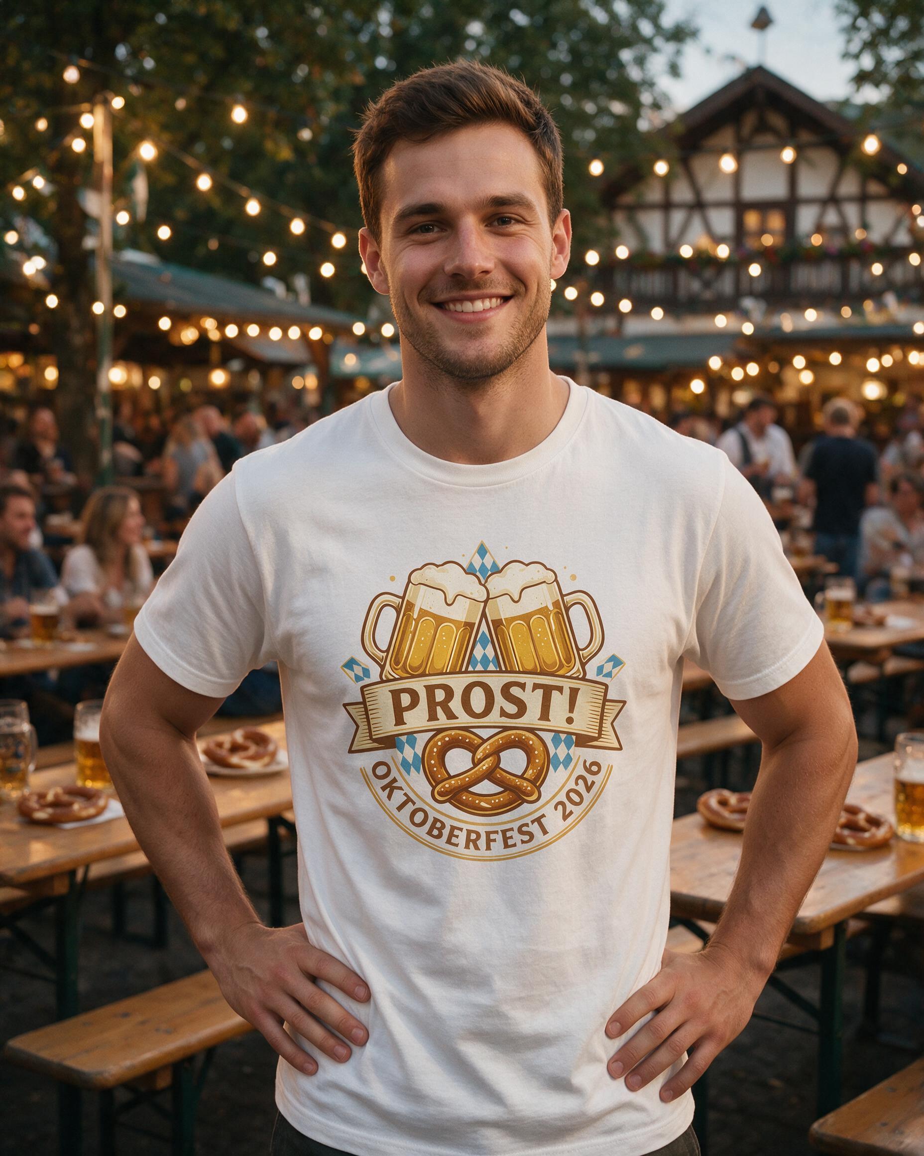 Prost Oktoberfest Beer & Pretzel Personalized Shirt — White