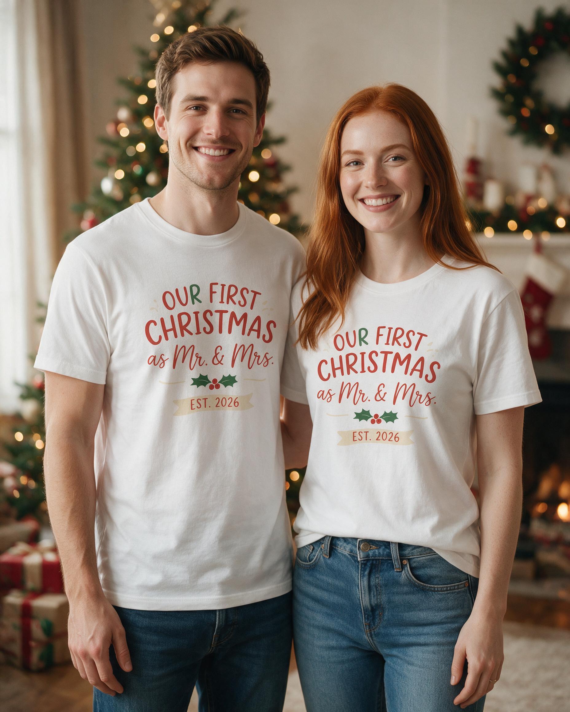 Our First Christmas Married Personalized Couple Shirt — White