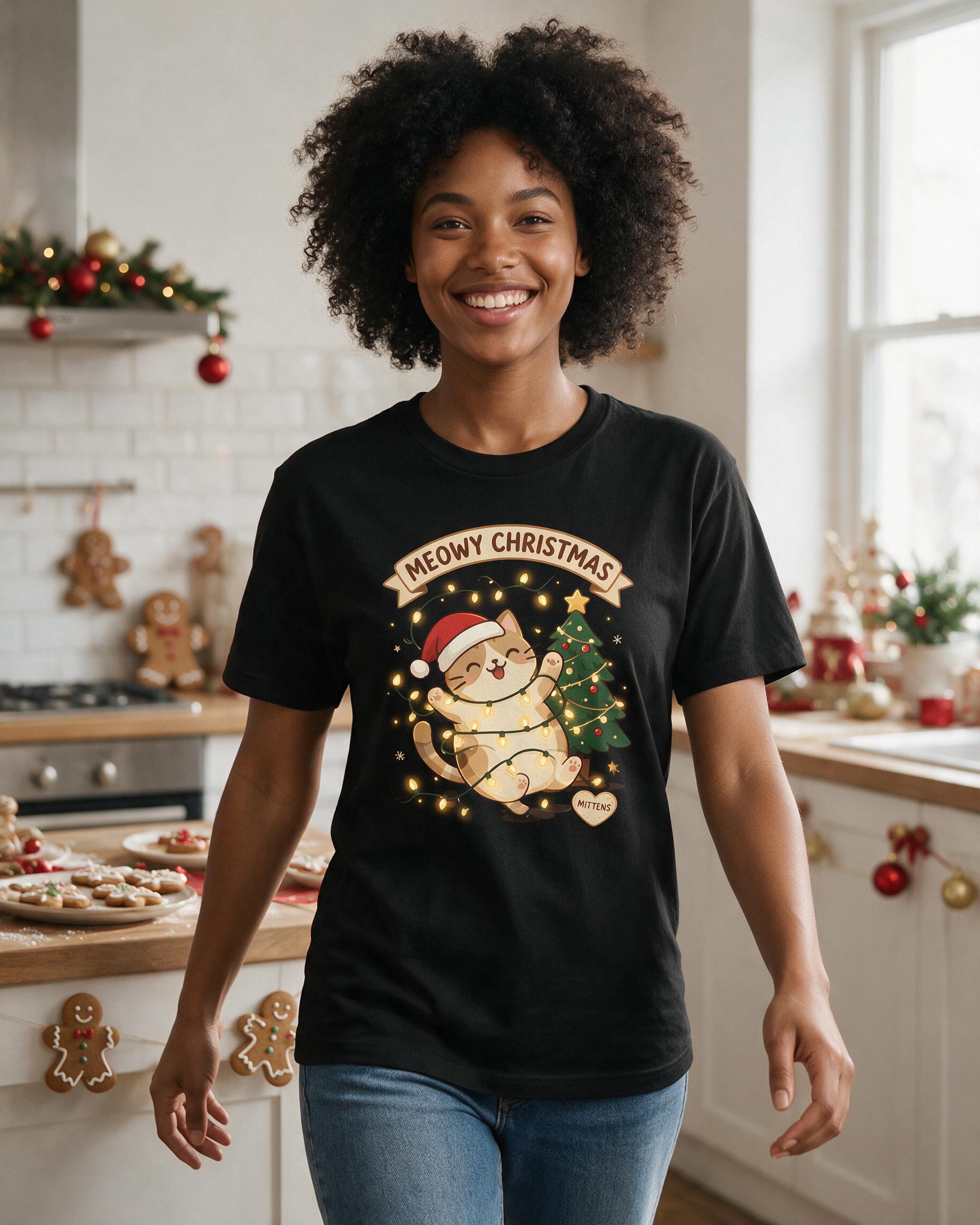Meowy Christmas Cat Personalized Shirt — Black