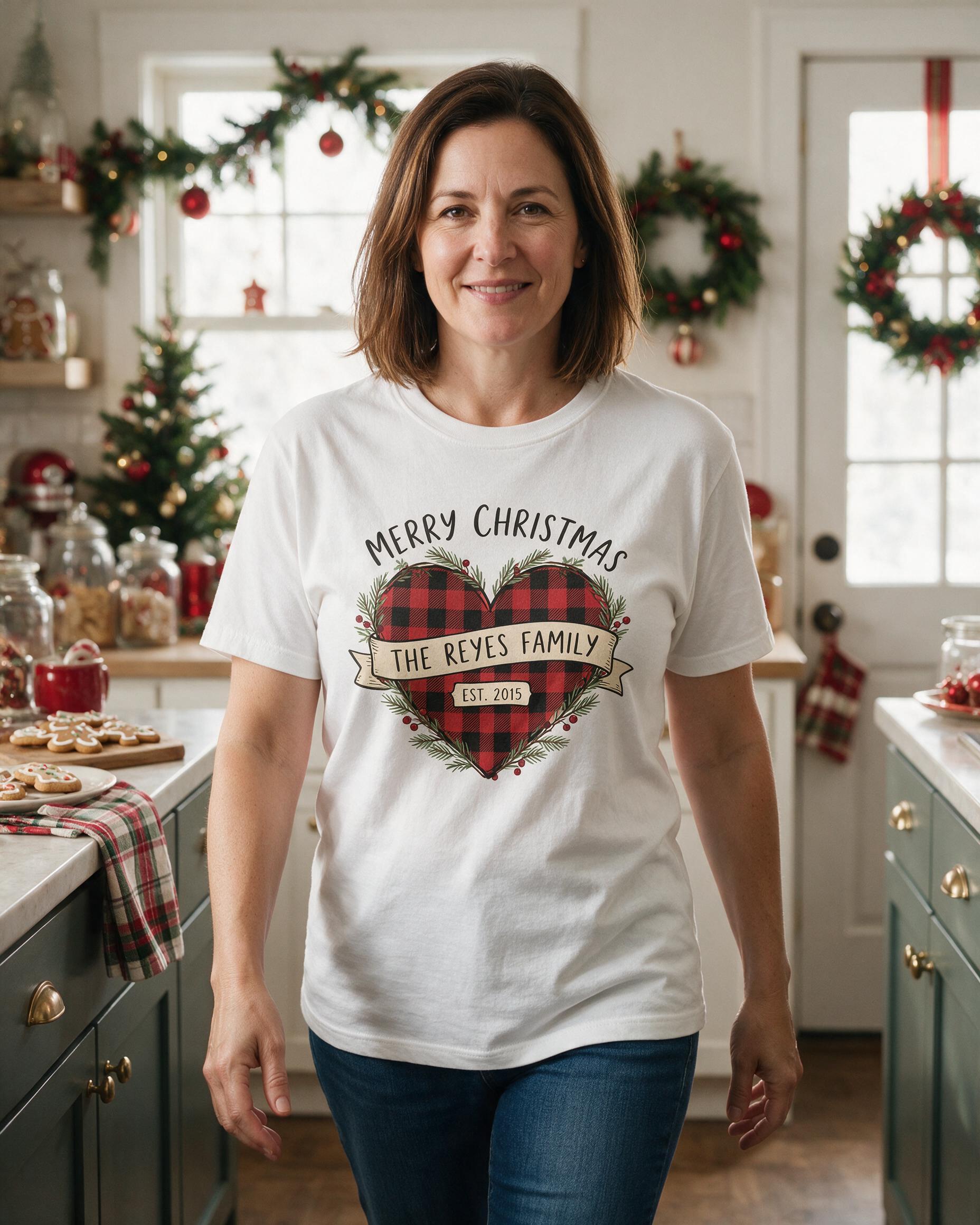 Merry Christmas Buffalo Plaid Family Name Personalized Shirt — White