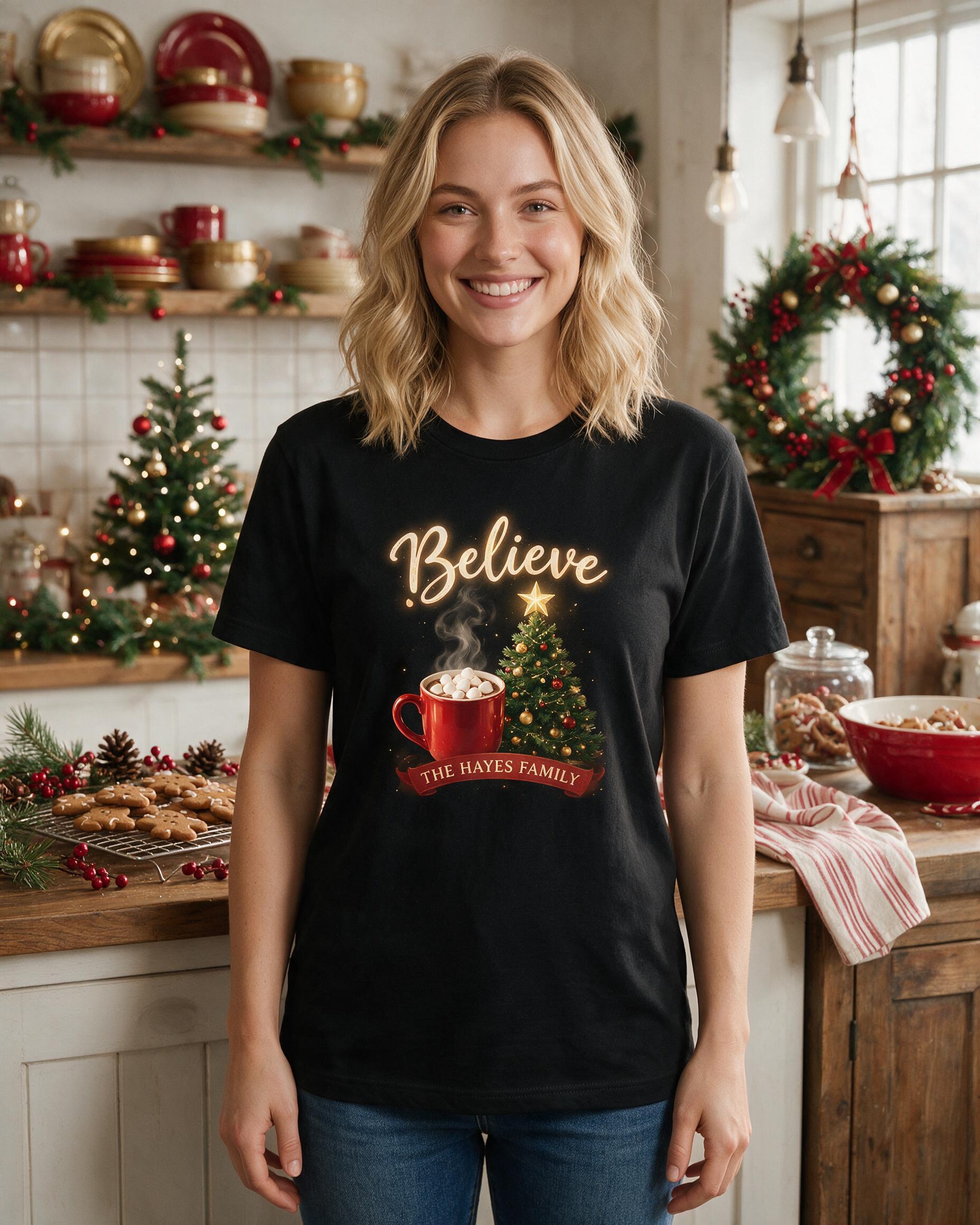 Believe Christmas Cocoa Personalized Shirt — Black
