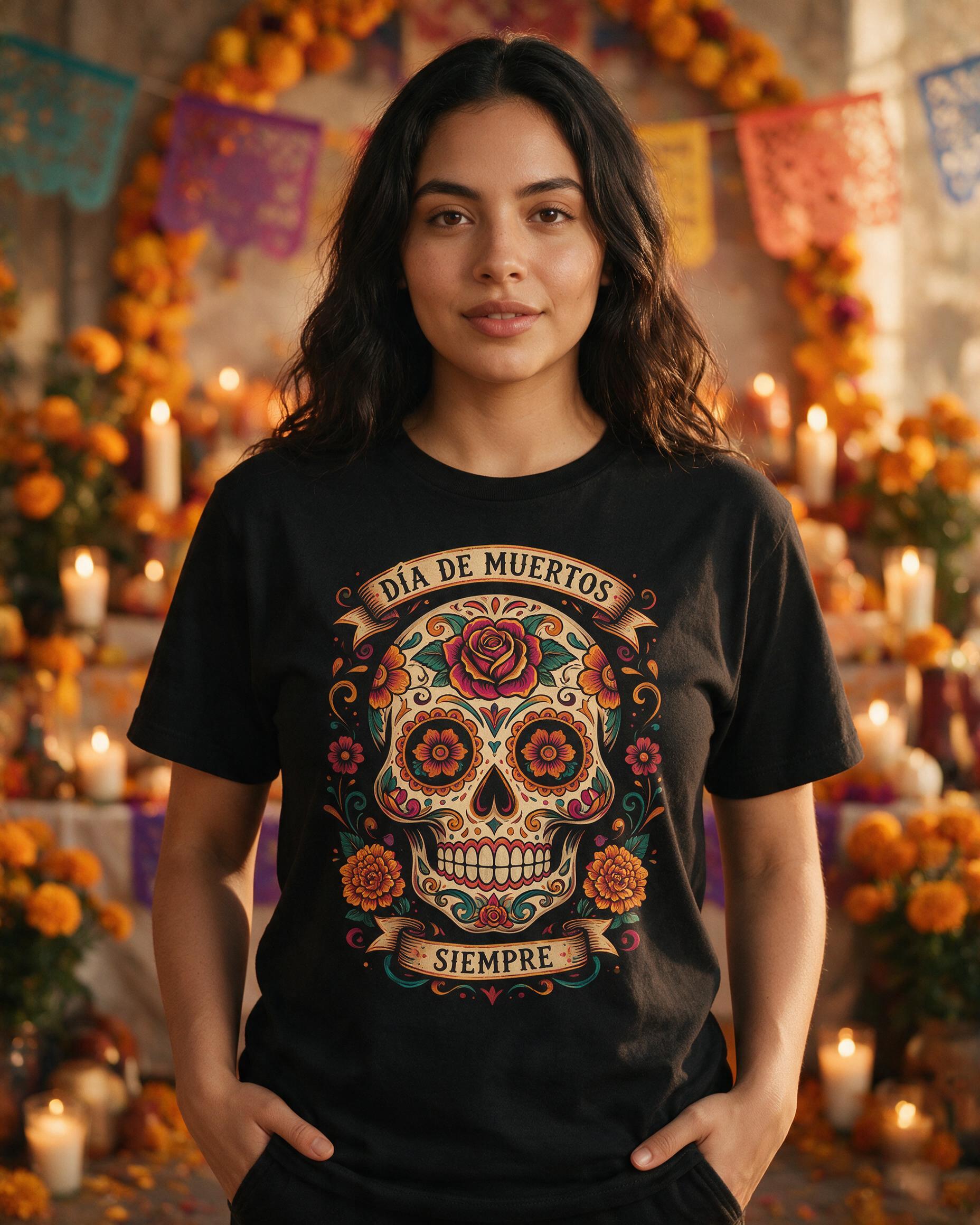 Calavera Sugar Skull Día de Muertos Personalized Shirt — Black