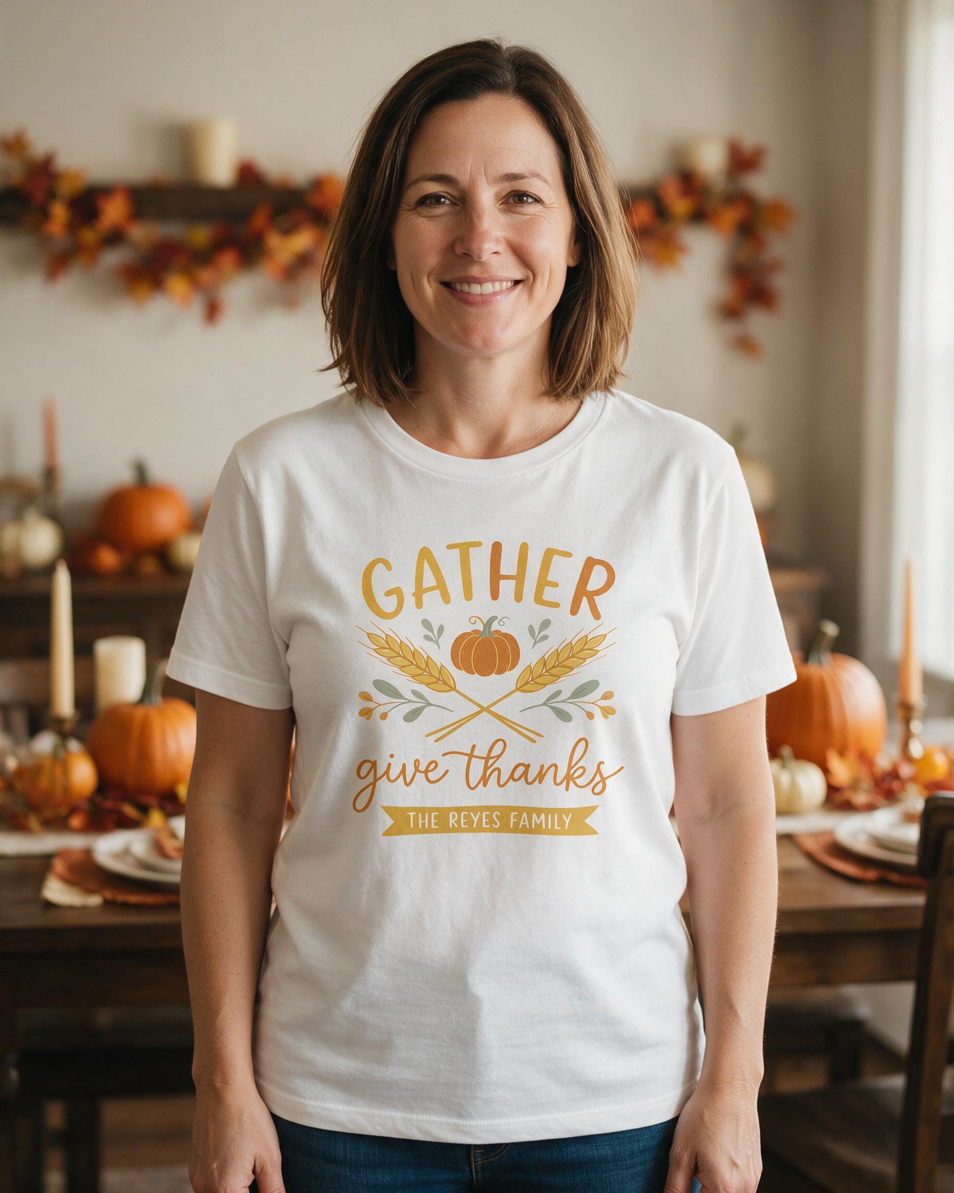 Gather & Give Thanks Family Personalized Shirt — White