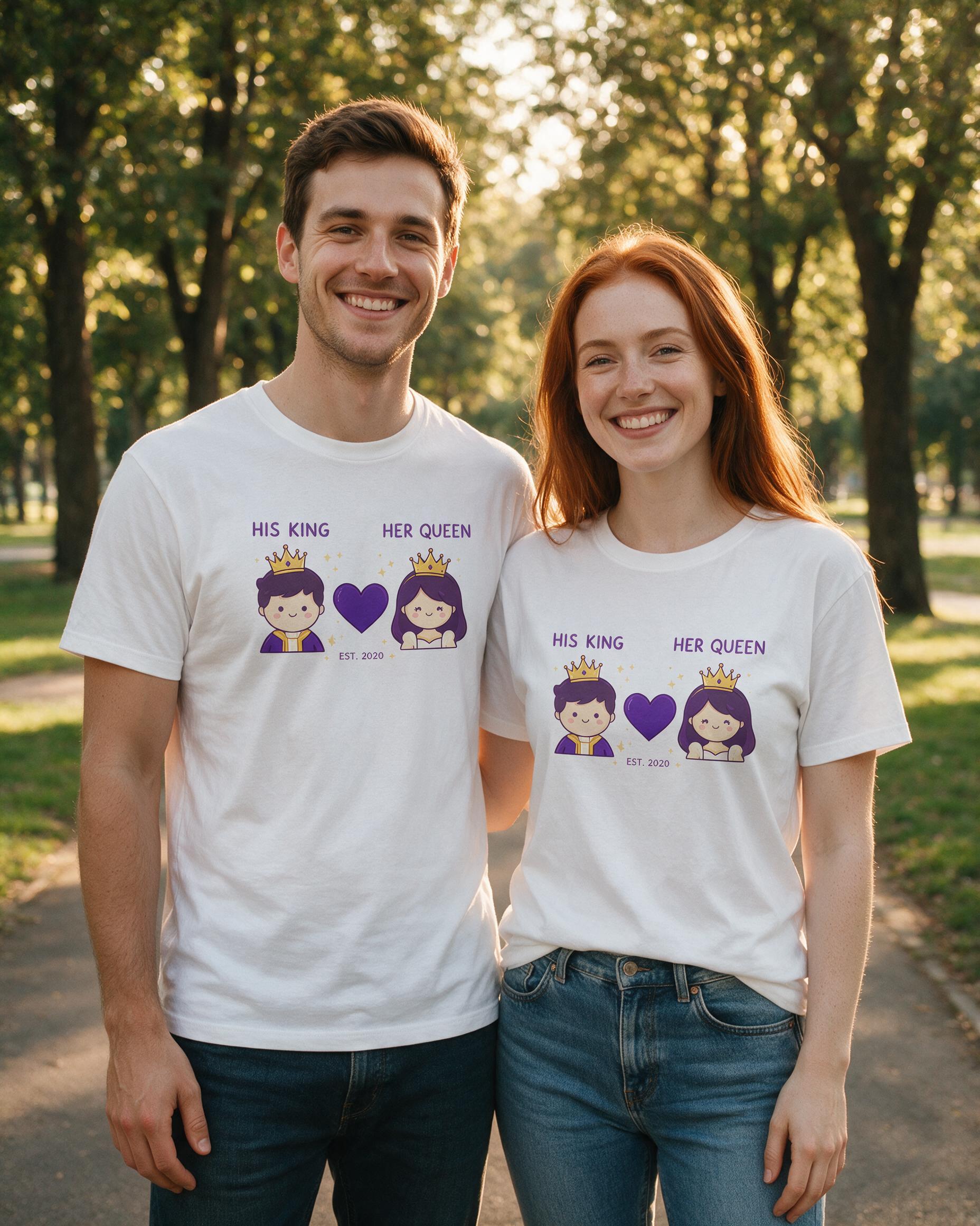His King Her Queen Matching Couple Personalized Shirt — White