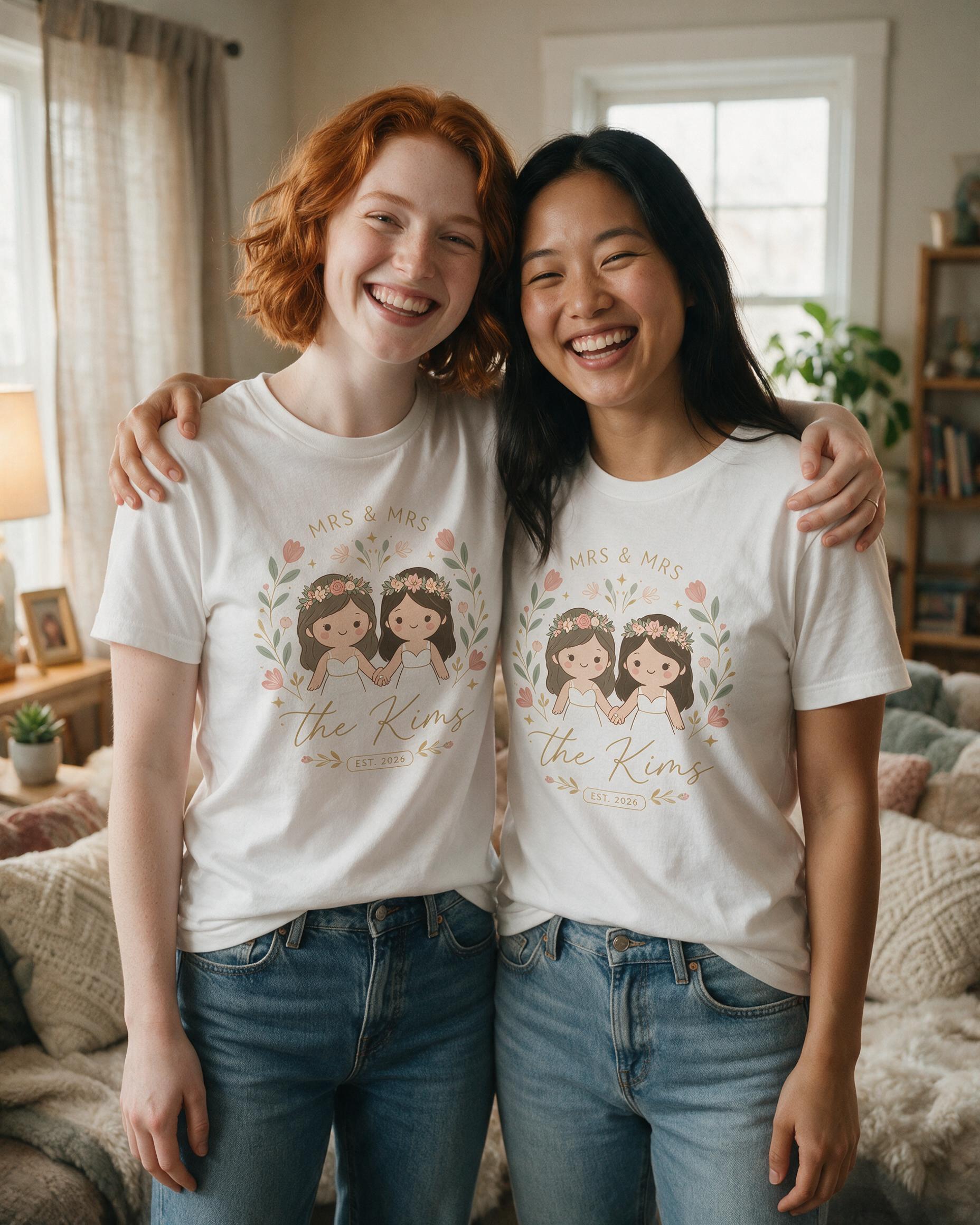 Two Brides Mrs & Mrs Matching Personalized Shirt — White