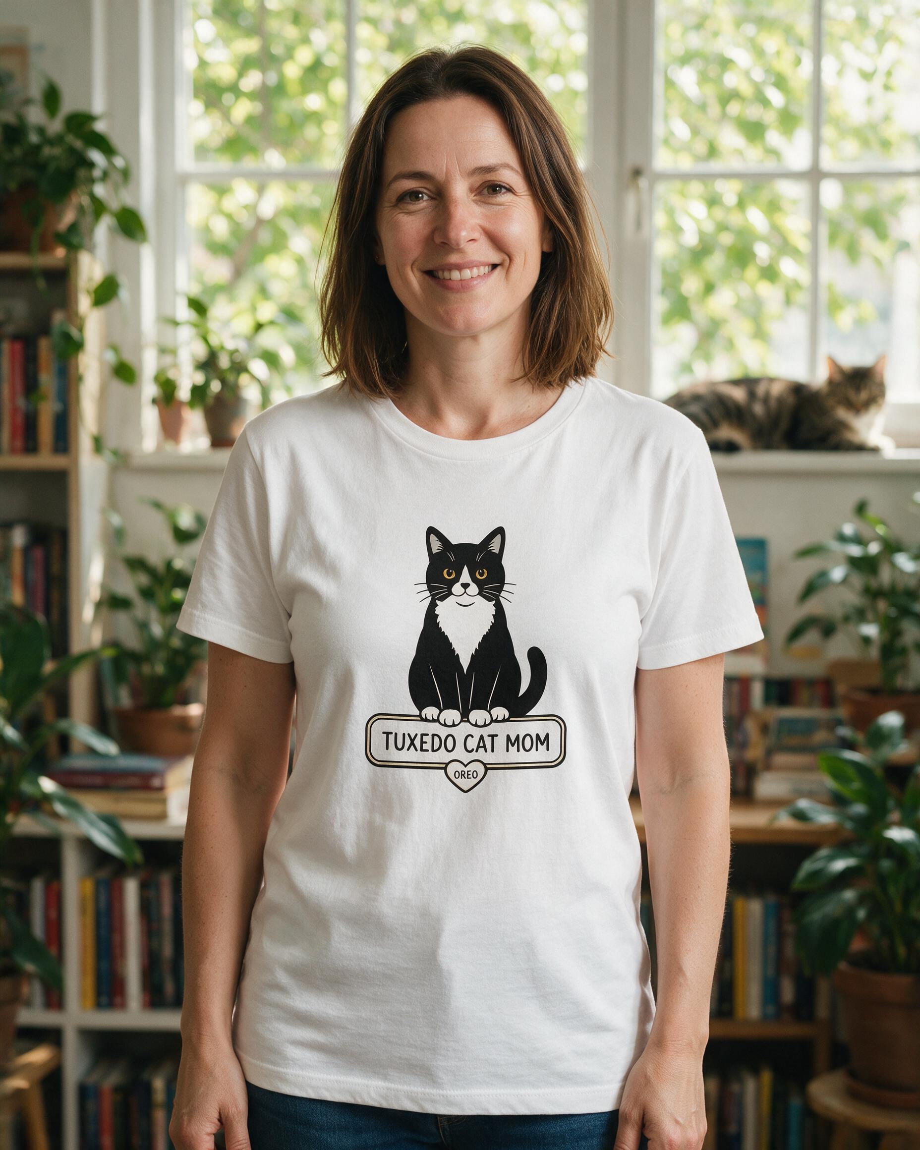 Tuxedo Cat Mom Personalized Cat Shirt — White