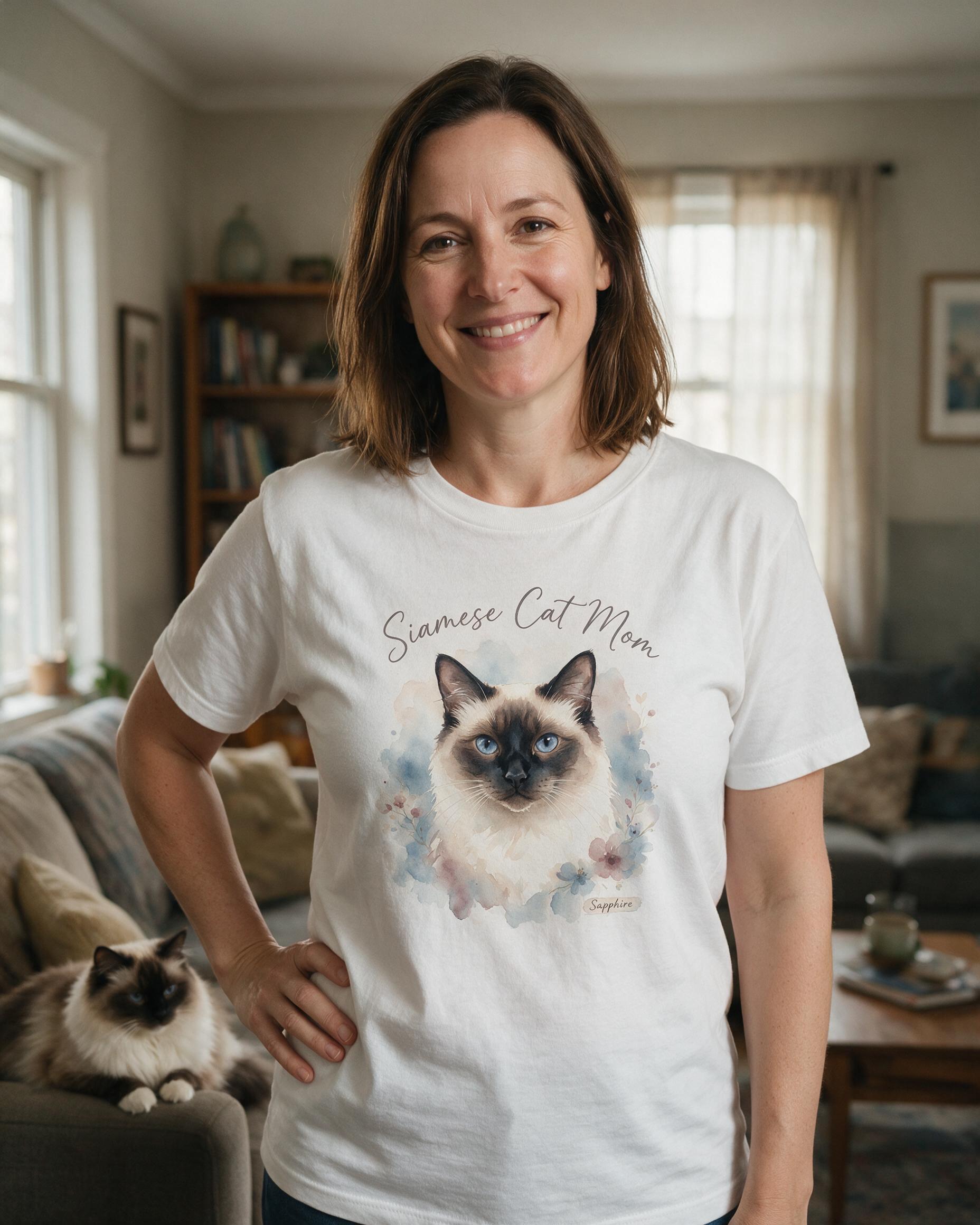 Watercolor Siamese Cat Mom Personalized Shirt — White