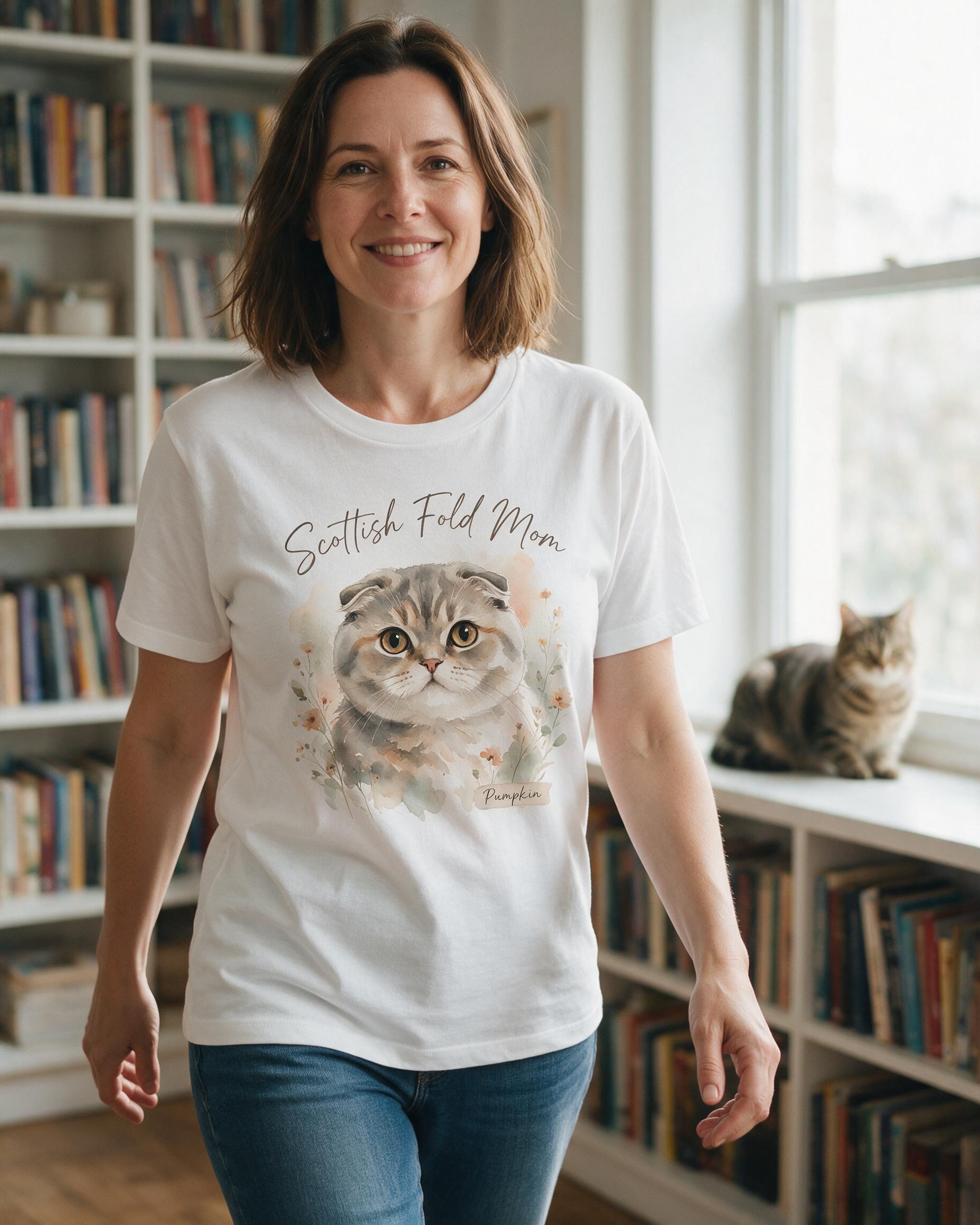Watercolor Scottish Fold Cat Mom Personalized Shirt — White
