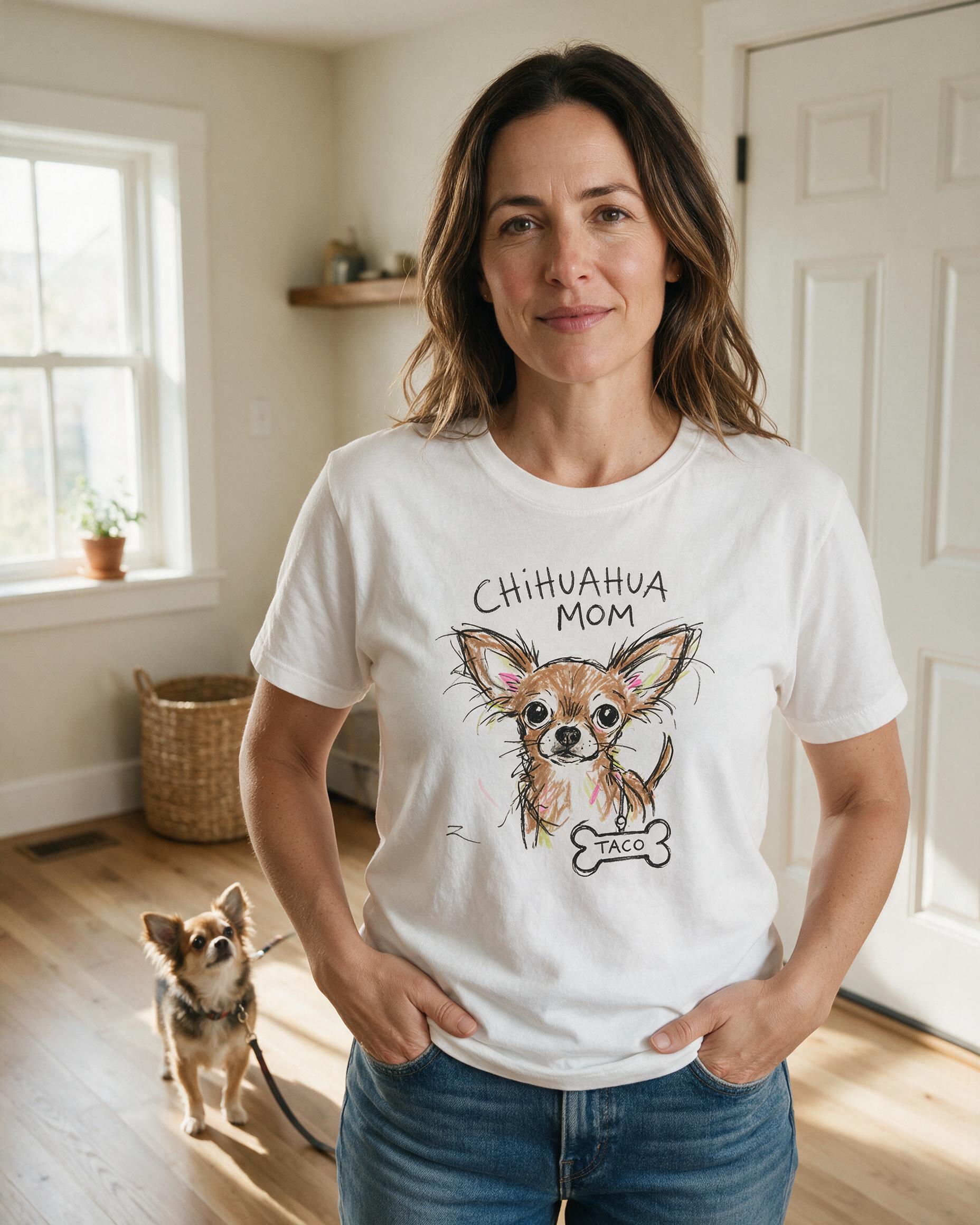 Doodle Chihuahua Mom Hand-Drawn Personalized Shirt — White