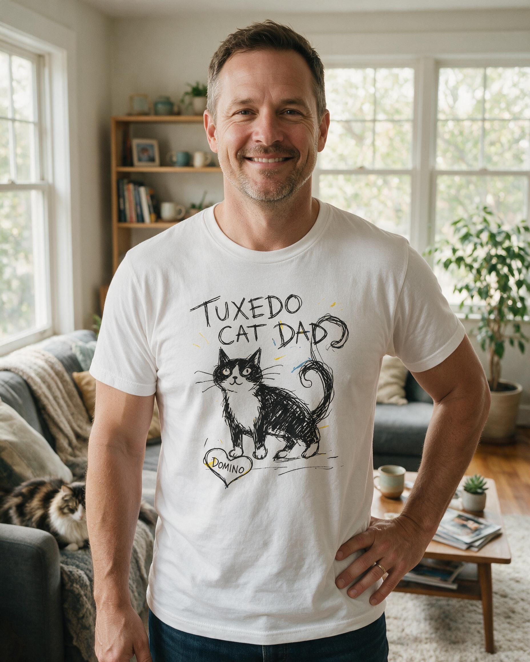 Doodle Tuxedo Cat Dad Hand-Drawn Personalized Shirt — White