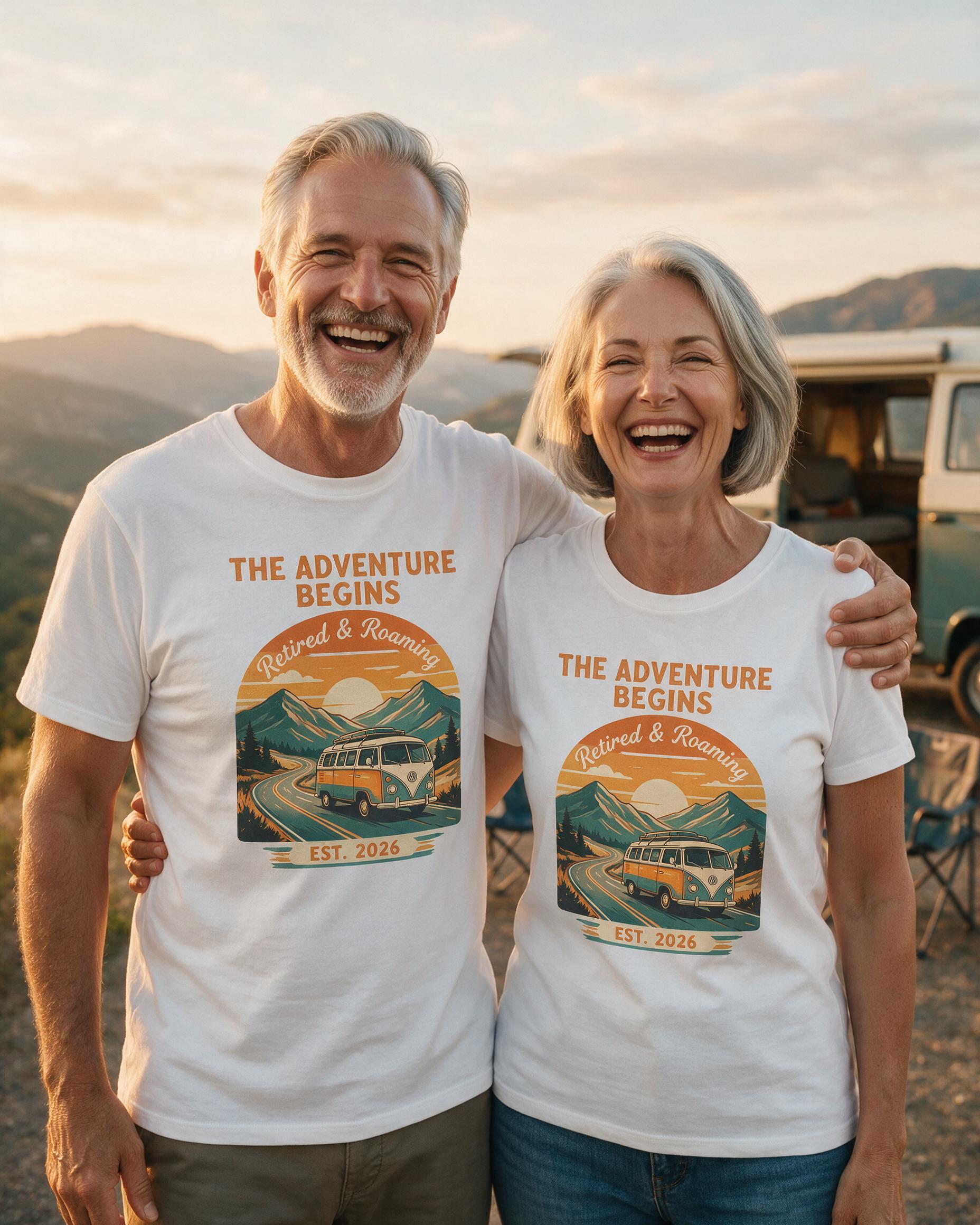 Retired The Adventure Begins RV Personalized Couple Shirt β White
