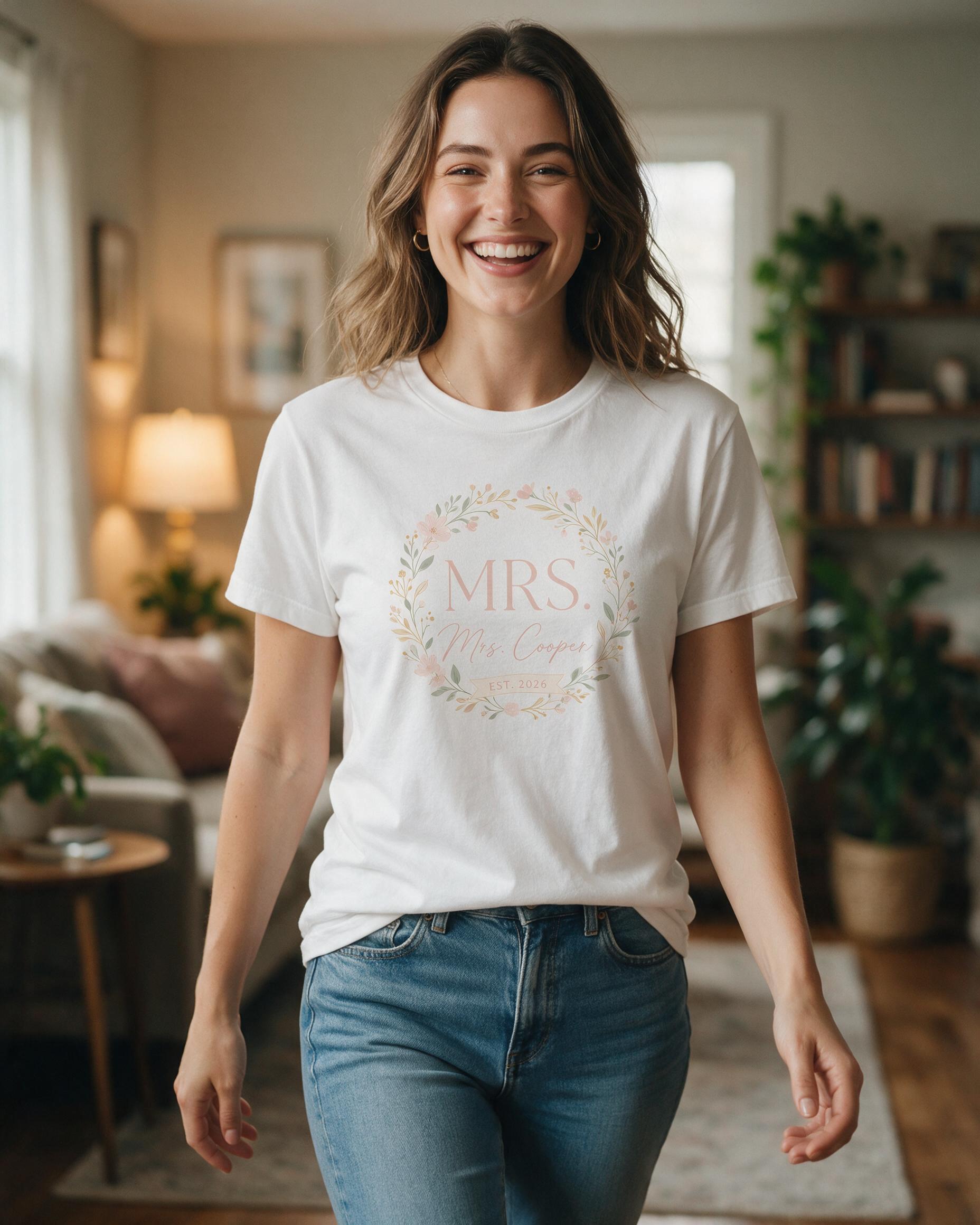 Mrs. Est. Bride Botanical Personalized Shirt — White