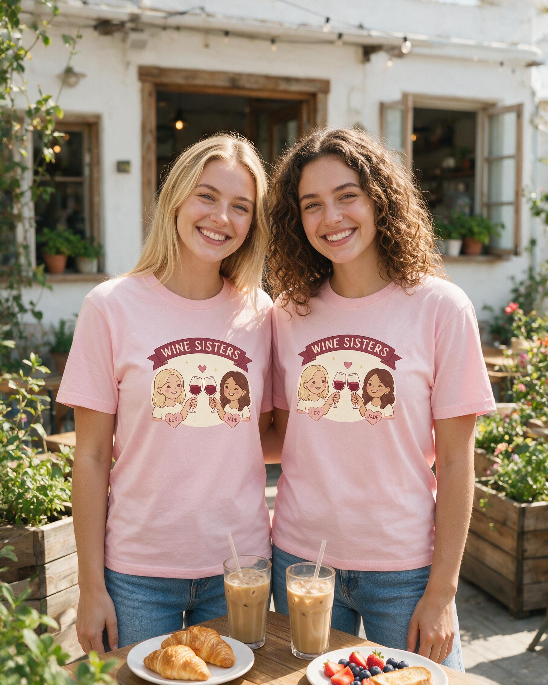 Wine Sisters Personalized Matching Shirt — Light Pink