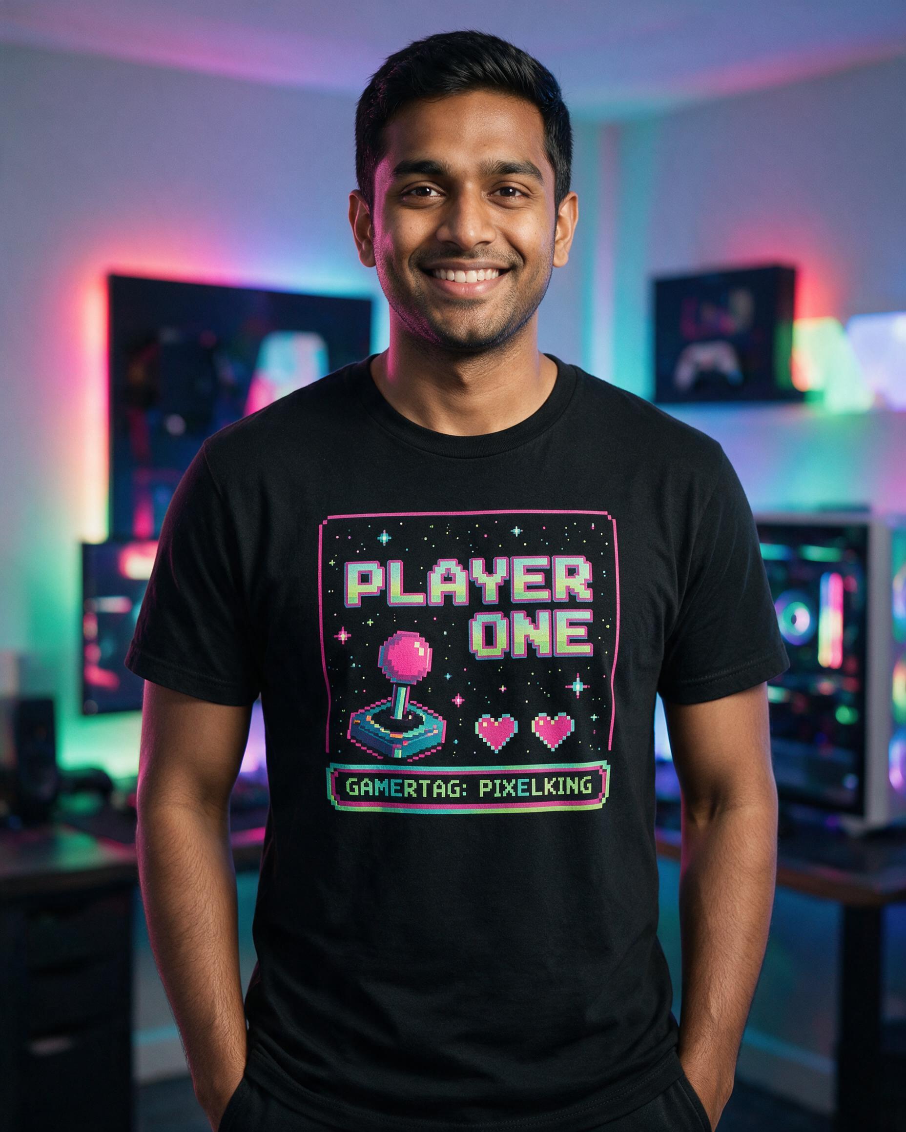 Player One Retro Arcade Personalized Gamer Shirt — Black