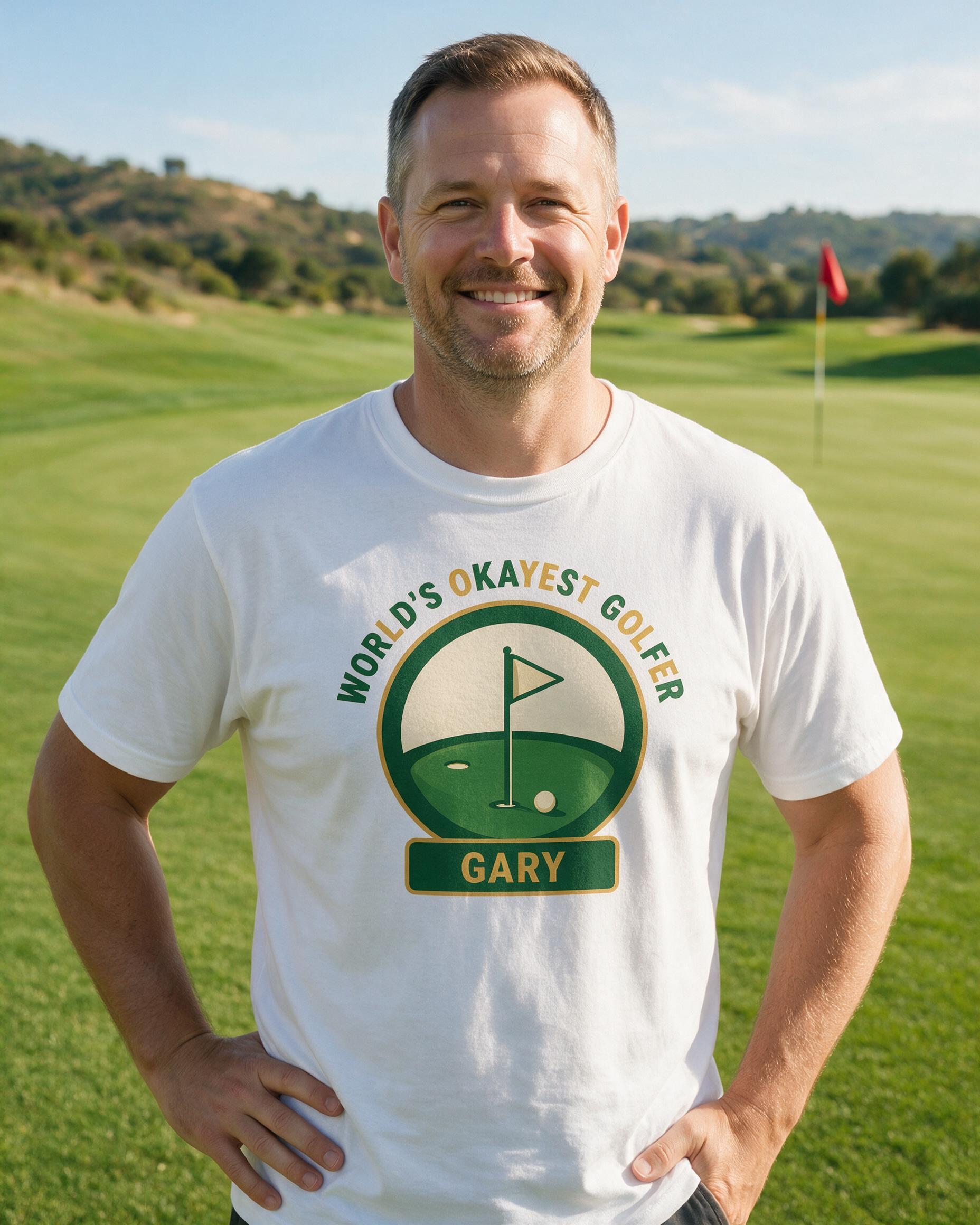 World's Okayest Golfer Personalized Golf Shirt — White
