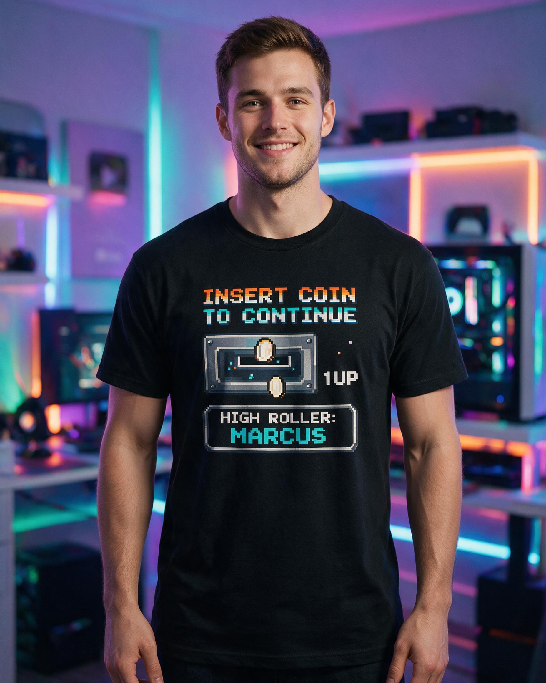 Insert Coin To Continue Personalized Arcade Shirt — Black